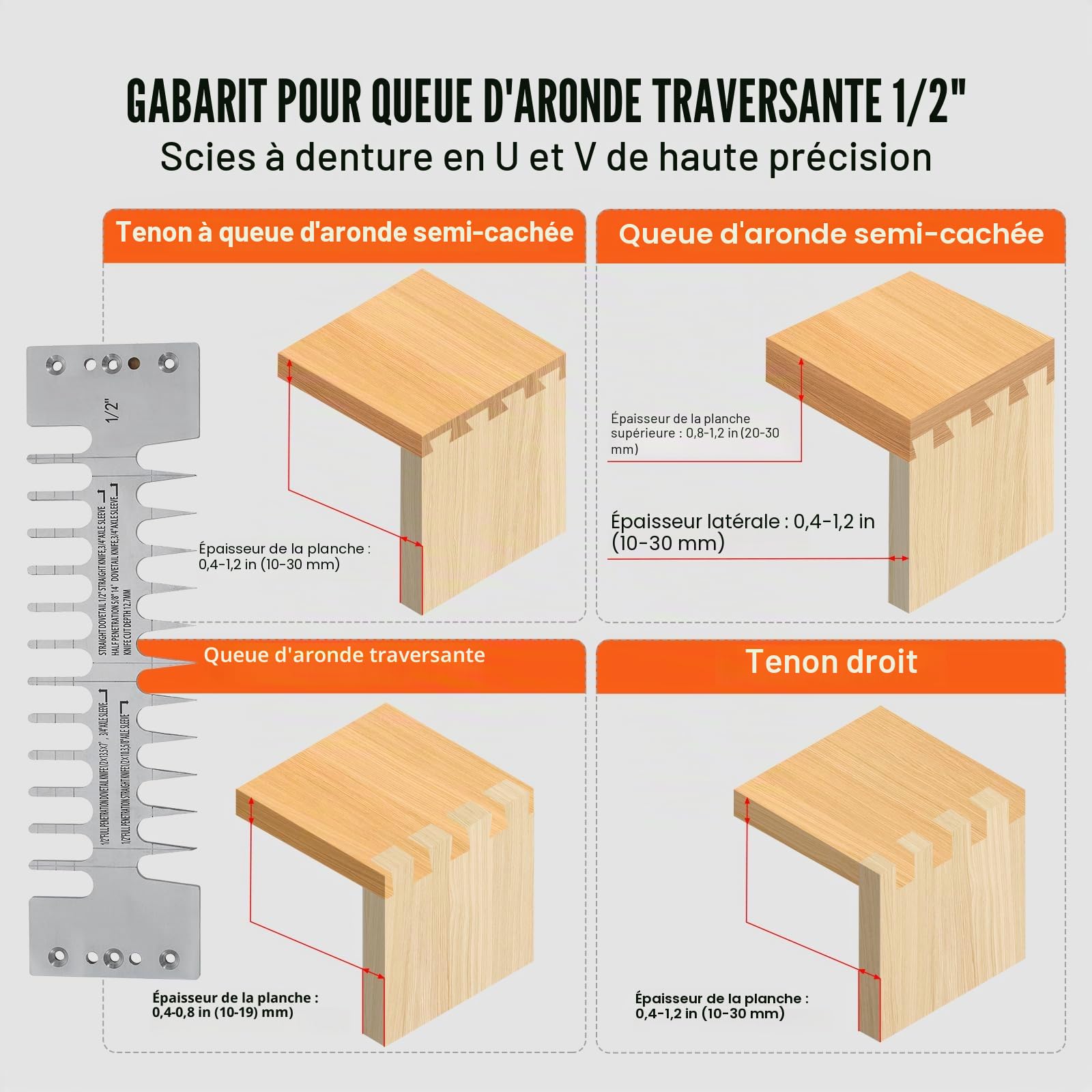 VEVOR Gabarit à Queue d'Aronde Largeur 310 mm Gabarit de Défonceuse à Queue d'Aronde Outil Menuiserie pour Tenons et Mortaises, Fabrication Meubles Bois, avec 3 Gabarits 5 Fraises, Alignement Précis