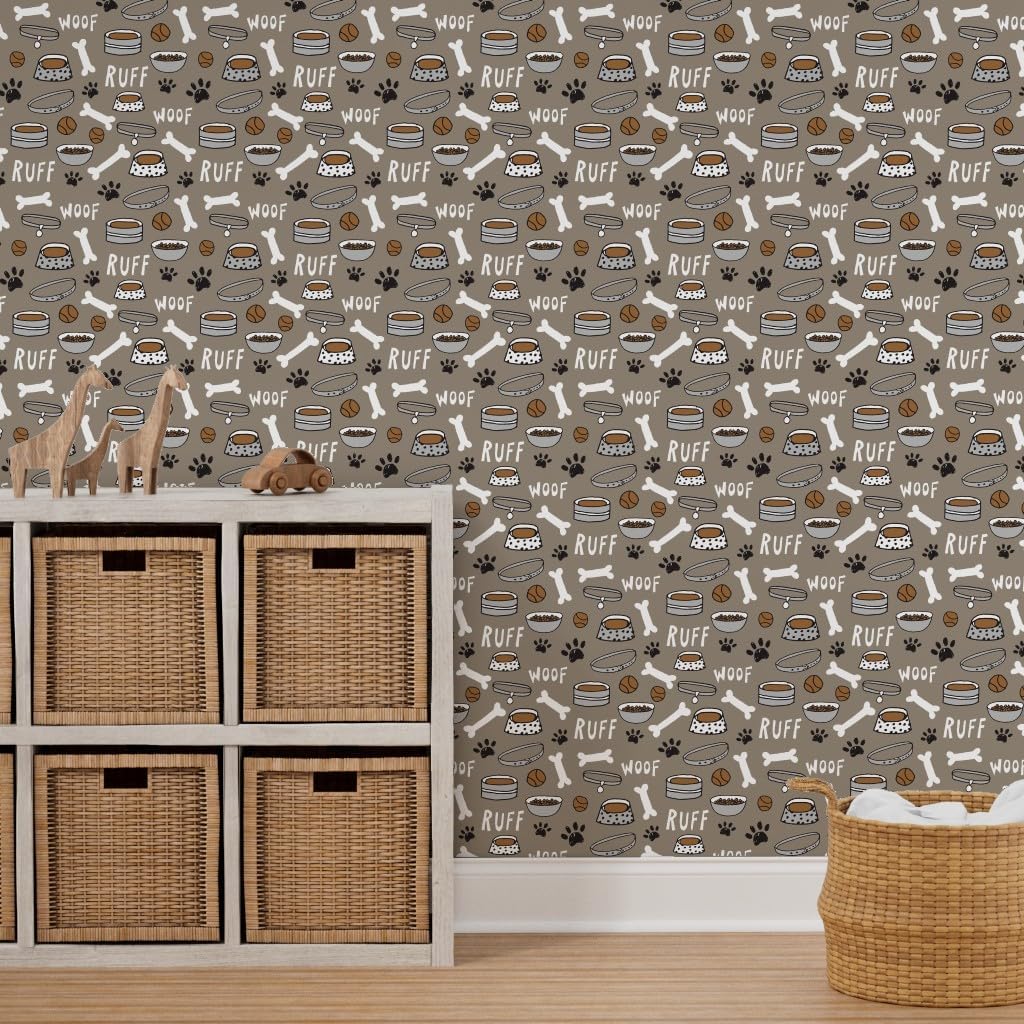 Spoonflower Peel & Stick Wallpaper 3ft x 2ft - Dog Bone Paw Print Cute Pet Illustration Pets Dogs Breeds Food Animal Custom Removable Wallpaper
