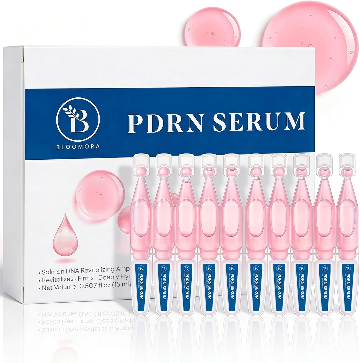 BLOOMORA Korean Salmon DNA PDRN Serum – Anti-Ageing Ampoule Treatment with Collagen, Glutathione & Hyaluronic Acid – Hydrating Firming Face Serum (10 x 1.5ml)