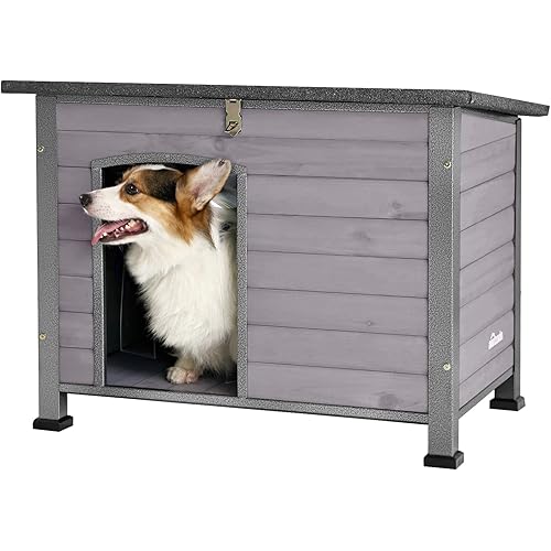 Aivituvin Large Dog House Outdoor Indoor Weatherproof Dog House for Small & Medium & Large Dogs with Unique All-Around Iron Frame＆Raised Feet（Grey）