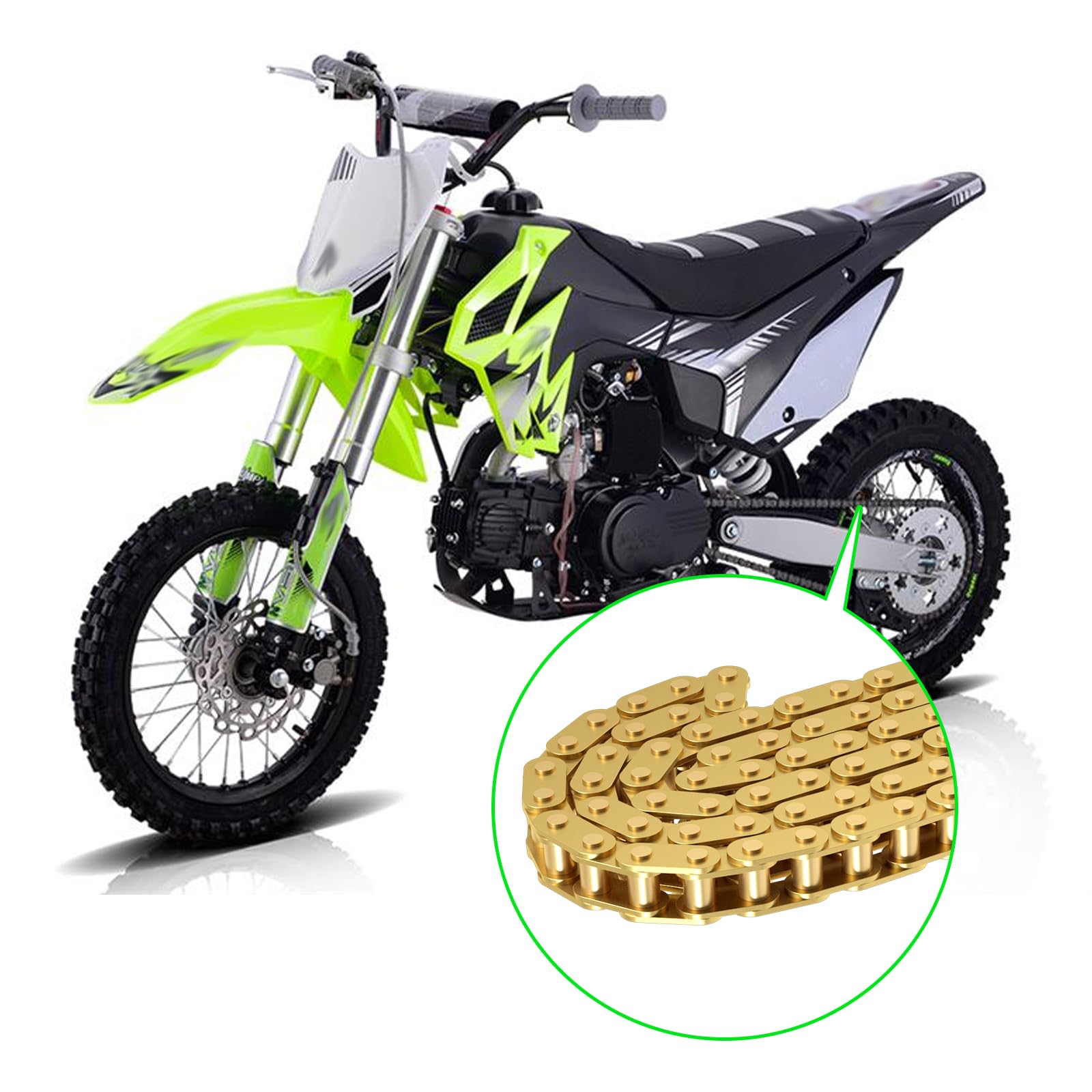 T8F Antriebskette 134 Glieder Kettenbrecher kompatibel mit 2-Takt-Motor SYX Moto 50cc Dirt Bike Mototec SSR X-pro Coolster 47cc 49cc Pocket Rocket Pit Bike Mini ATV Quad Go Kart Teile (Gold)