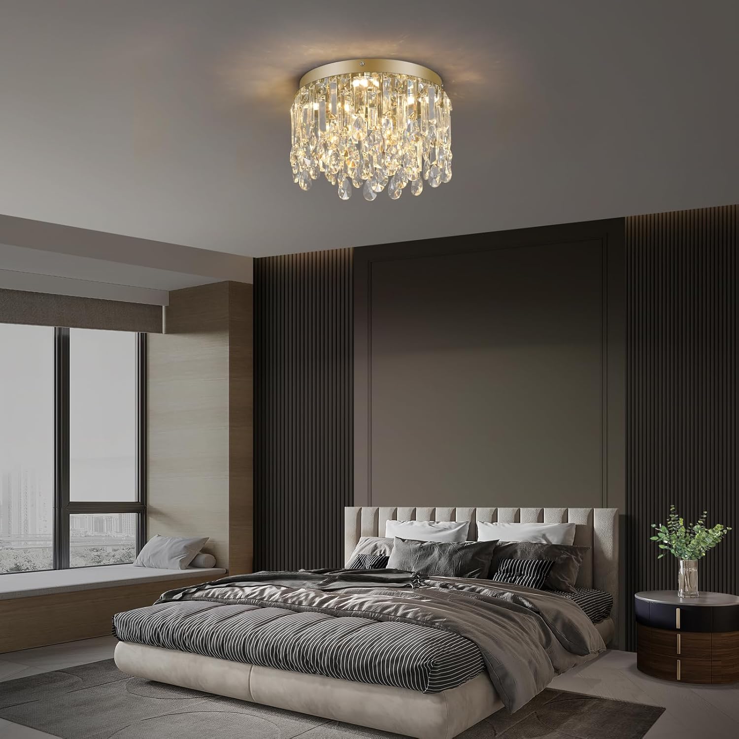 Deckrico 11.8" Gold Crystal Flush Mount Ceiling Light Fixture, Modern Close to Ceiling Chandelier with Tri-Color LED Lighting for Bedroom Hallway Dining Room