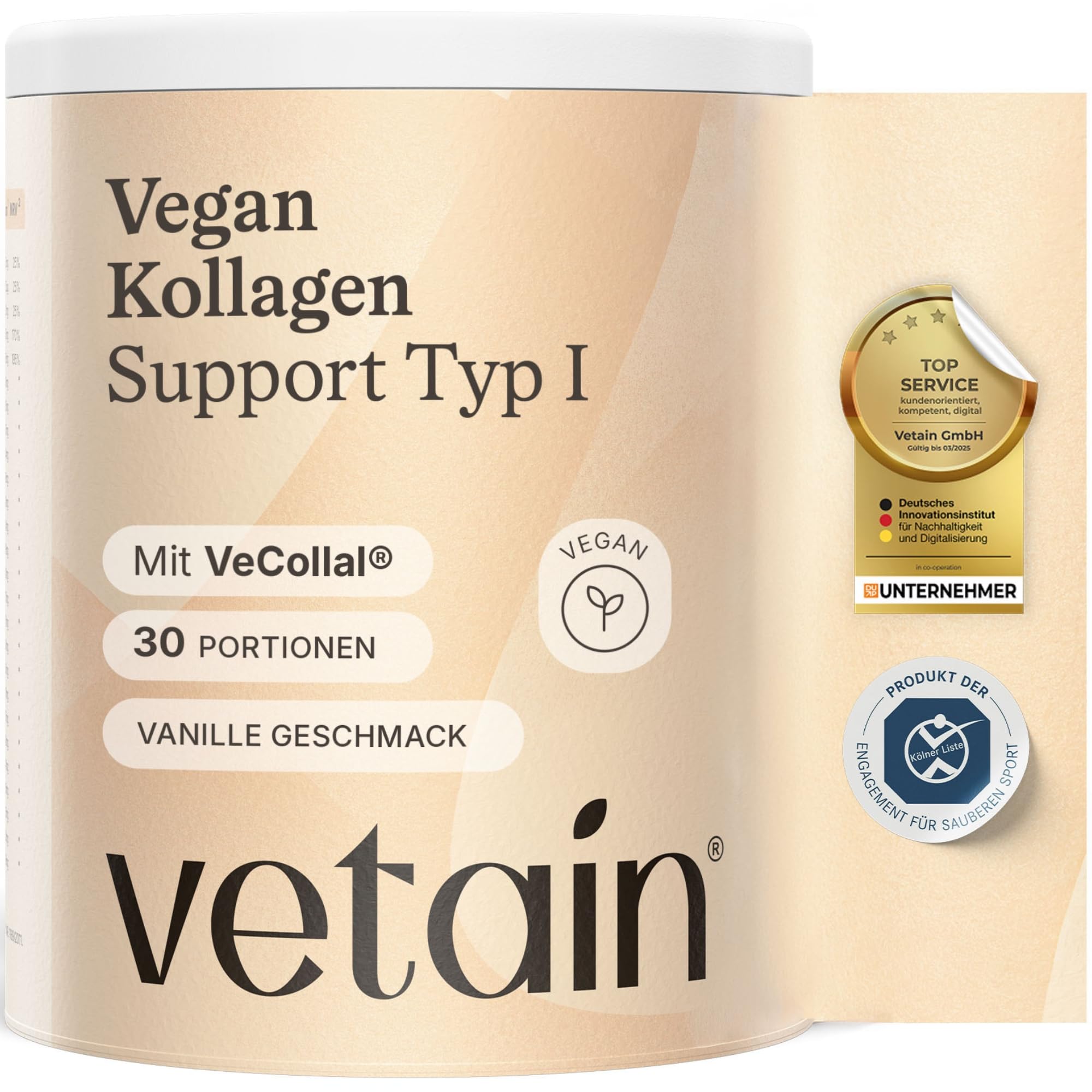 VETAIN Poudre de collagène végétalien type 1 - Avec VeCollal, vitamine C, zinc, biotine et ginseng - Pour la peau, les cheveux et les ongles - Certifié Liste de Cologne - Sans sucre ajouté - Goût