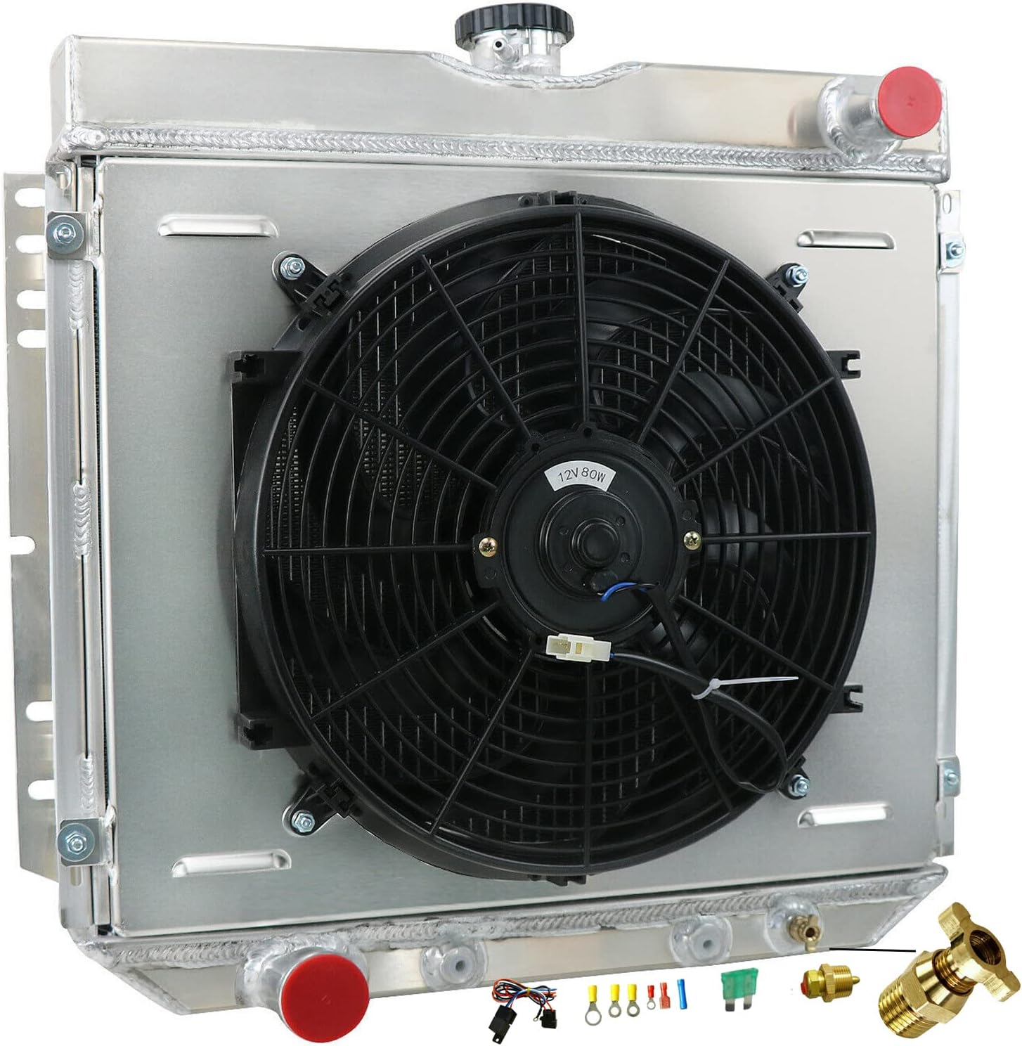 Full Aluminum Radiator For 1963-1977 Ford Fairlane Maverick Mustang Falcon Torino Mercury Comet Cougar L6 V8 3 Row Core Shroud Fan Thermostat Relay Kit