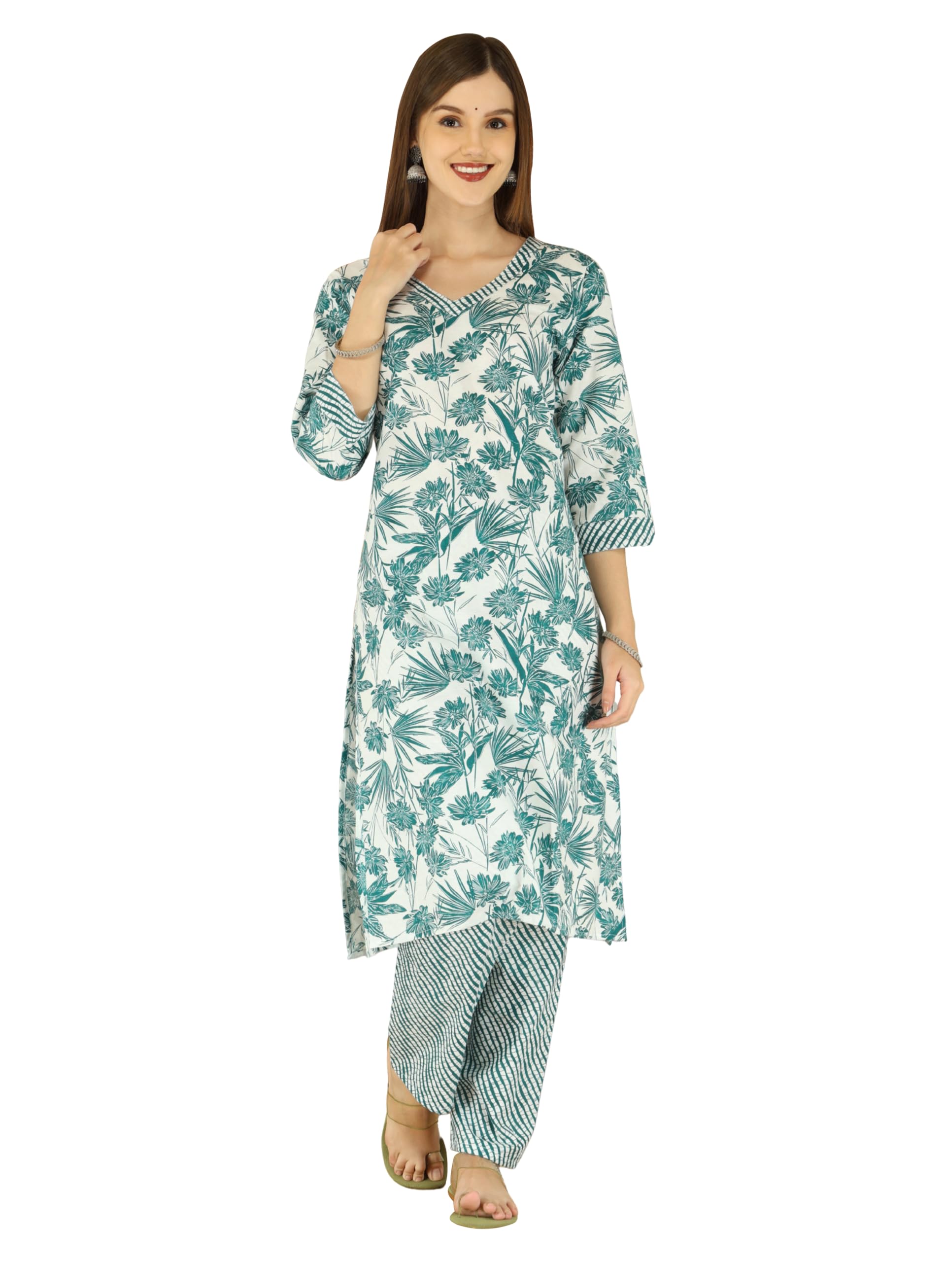 Women's Pure Cotton Handloom Print, Ethnic Wear Kurta Set with Palazzo Pants