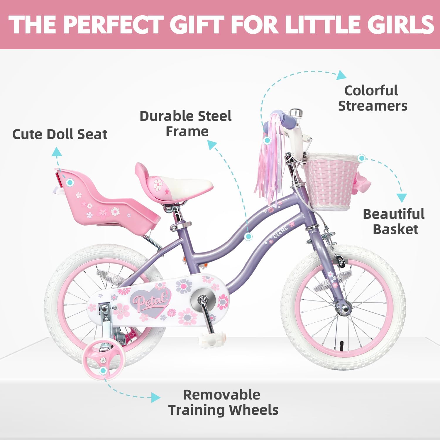 glerc petal girls bike, 12-18 inch kids bike for ages 2-9 years old children, princess style kids bicycle with training wheels & basket & streamers, multiple colors purple 12 inch