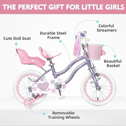 Miniatura 2 de Glerc Petal Girls Bike, 12-18 Inch Kids Bike for Ages 2-9 Years Old Children, Princess Style Kids Bicycle with Training Wheels & Basket & Streamers,
