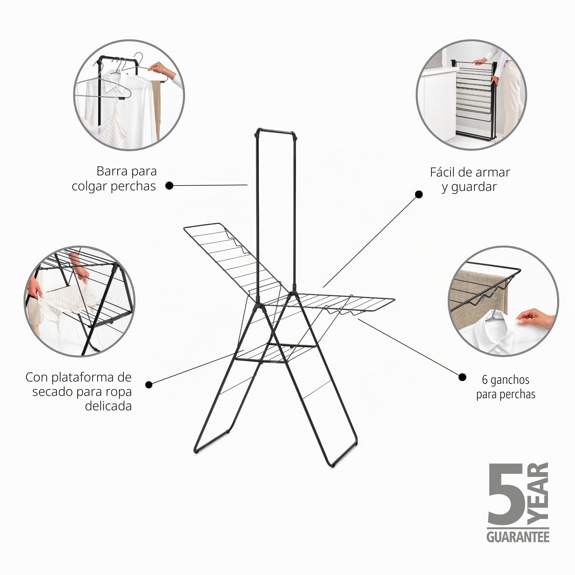 Brabantia Tendedero HangOn 20 m + Barra Matt Black | Espacio para secar Ropa XXL | Alas y Barra de Colgar Ajustables | Tendedero de Interior Plegable | 99 x 7 x 66 cm