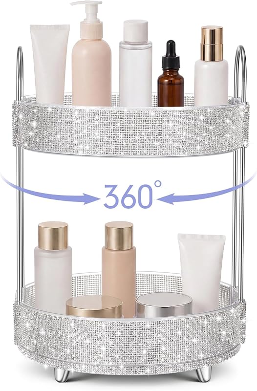 Organizador giratório para cosméticos Honeydak com 2 níveis e detalhes em strass branco, 1 unidade