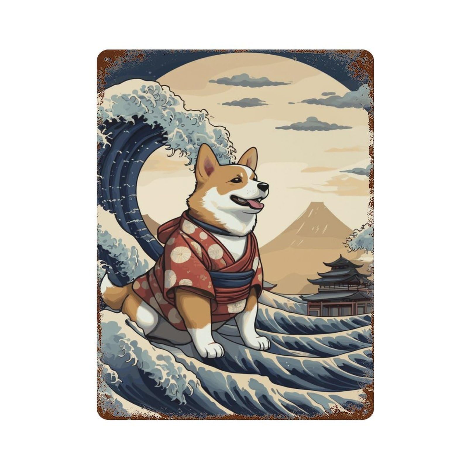 Corgi Wave Off Kanagawa Weathered Tin Sign 15.7"x11.8", for Garage, Bar And Workshop Decor, Vintage Wall Decor