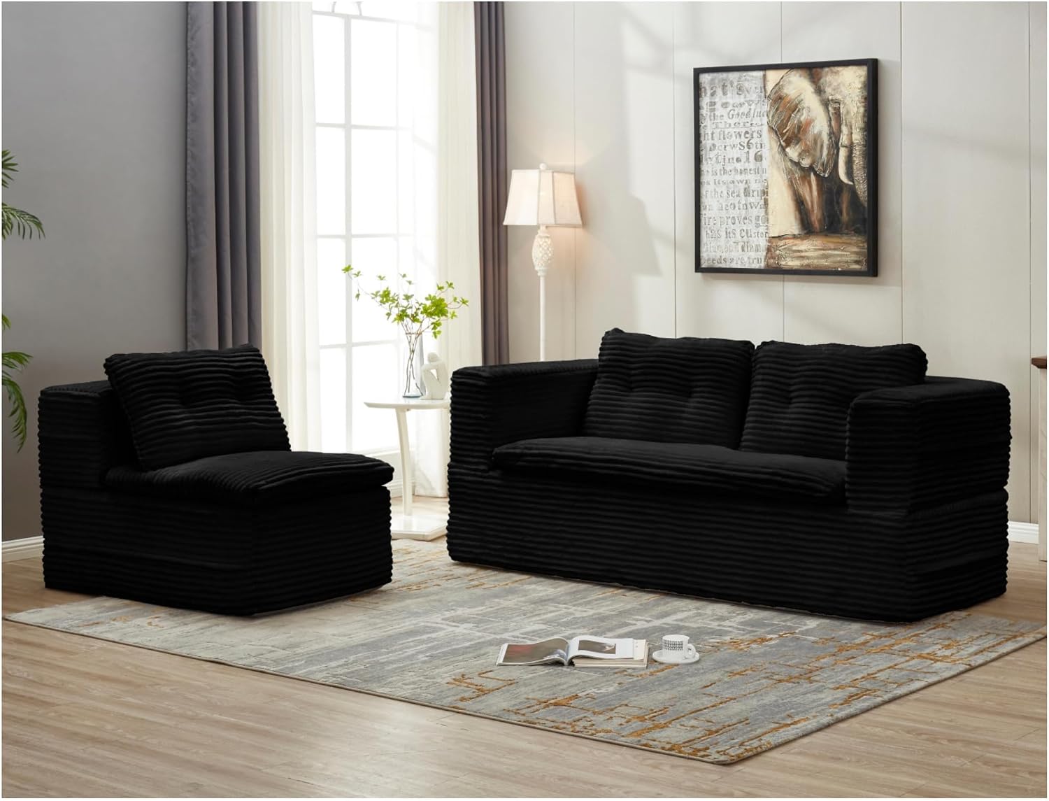 80" Foldable Floor Couch, 3-Seat Convertible Sleeper Sofa with Chaise Lounge, Blanket and 3 Soft Pillows, Corduroy Fabric, for Living Room, Bedroom, Apartment, No Assembly Required, Black