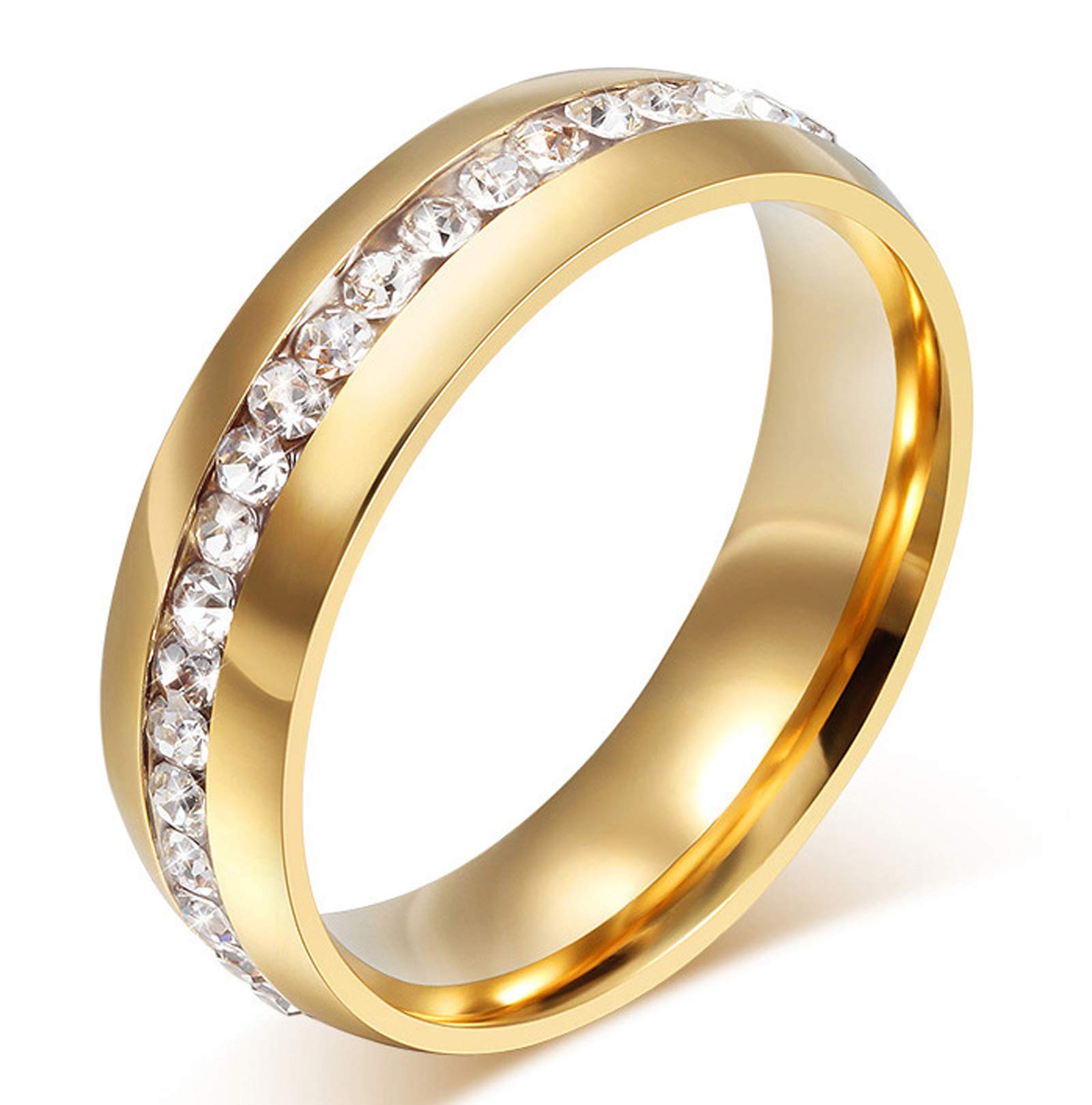 AMDXDAnillo Circonitas, Anillo Acero Inoxidable Dorado para Mujer Hombre Circonita Redonda Blanca, 6mm de Ancho Anillo Talla 27, Regalo de San Valentín Regalo de Cumpleaños