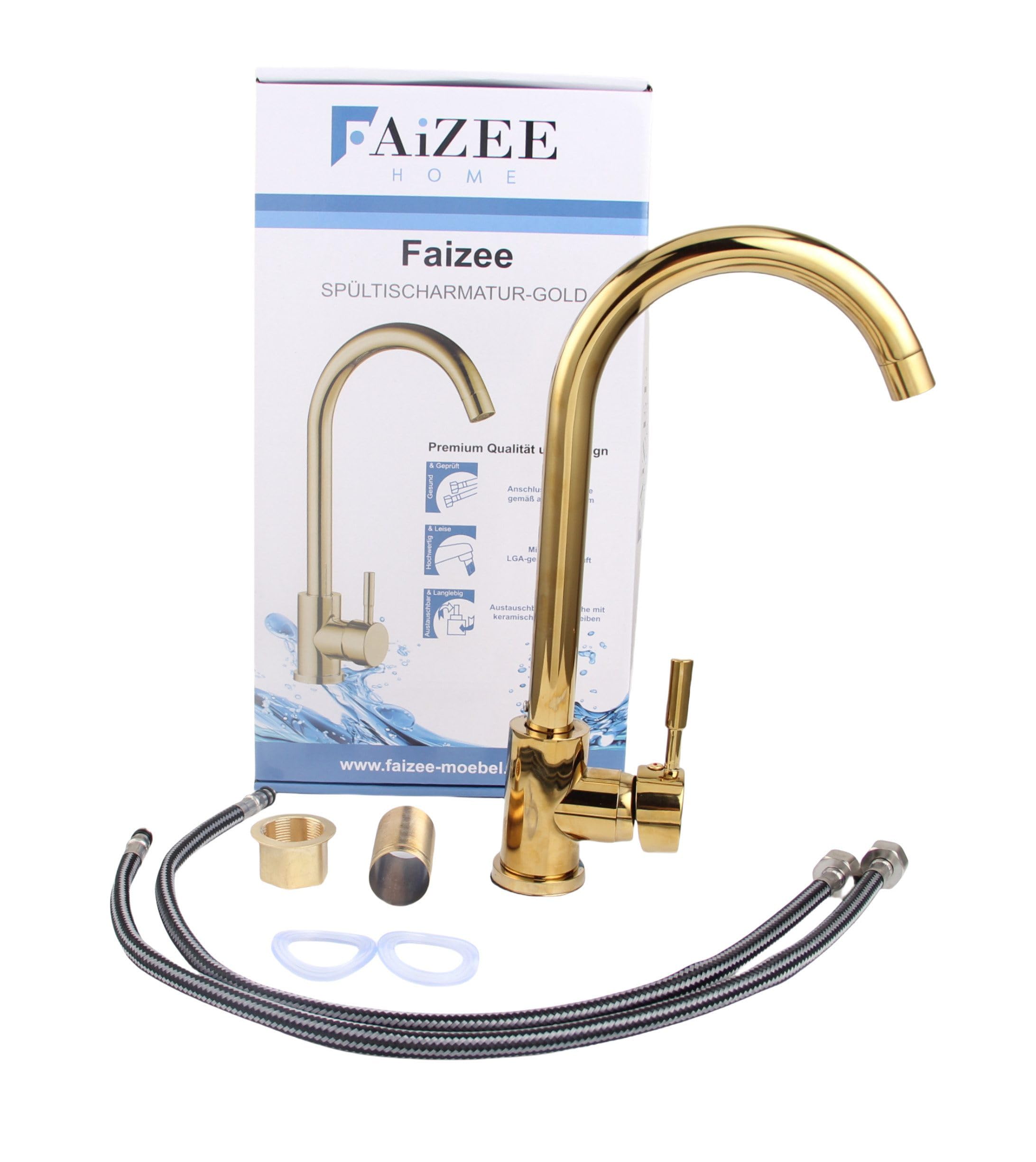 Faizee Home | Granitspüle 49x52 cm Weiß | Küchenspüle mit goldener Armatur | Eckiges Spülbecken Granit für Unterschränke ab 45 cm | Beidseitig montierbare Einbauspüle inkl. Siphon-Set