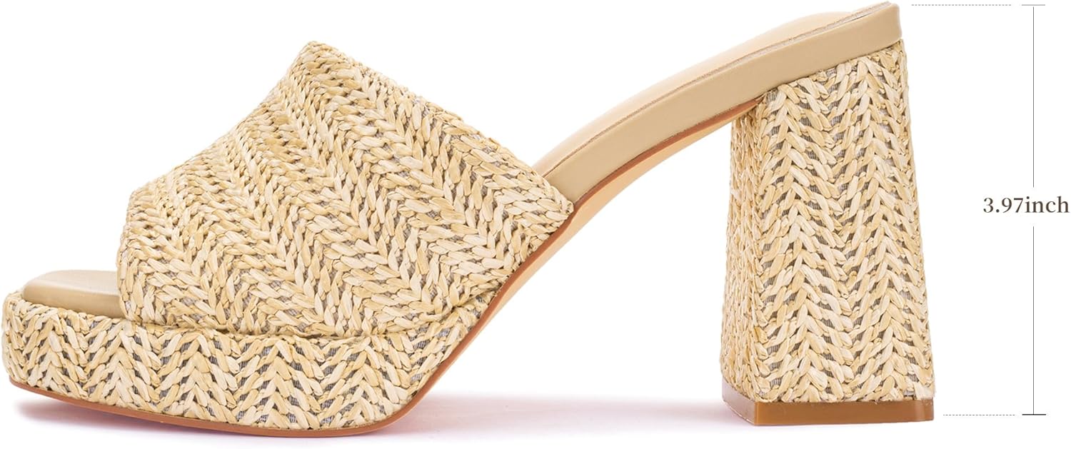 Heeled Sandals for Women Raffia Platform Heels Espadrilles Beach Summer Shoes Chunky Block Heel Slip On Open Toe - Image 5