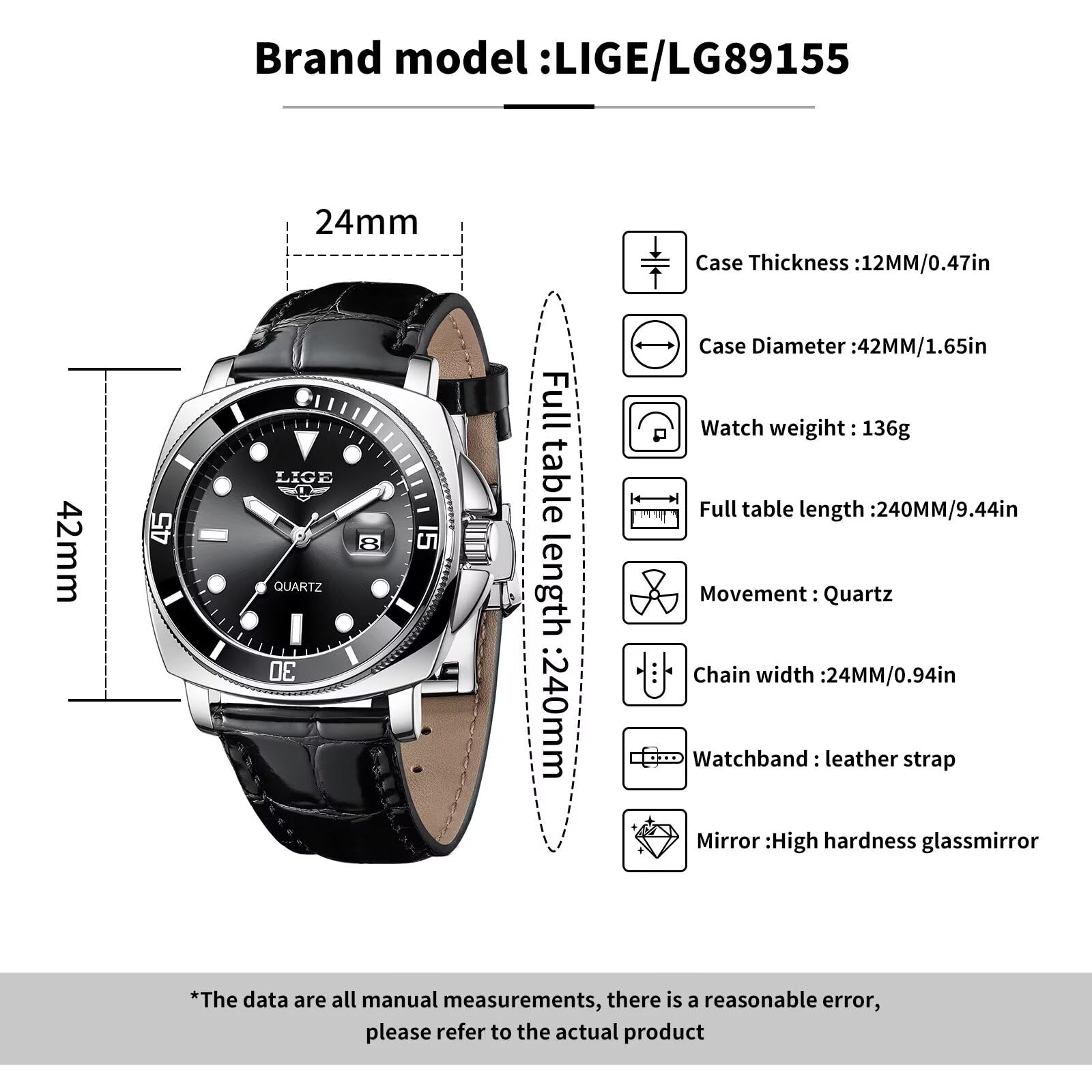 Quartz Watches for Men,Stainless Steel Waterproof Analog Watch,Luxury Big Face Durable Alloy Strap Mens Watches,Date Luminous Business Dress Watch for Men