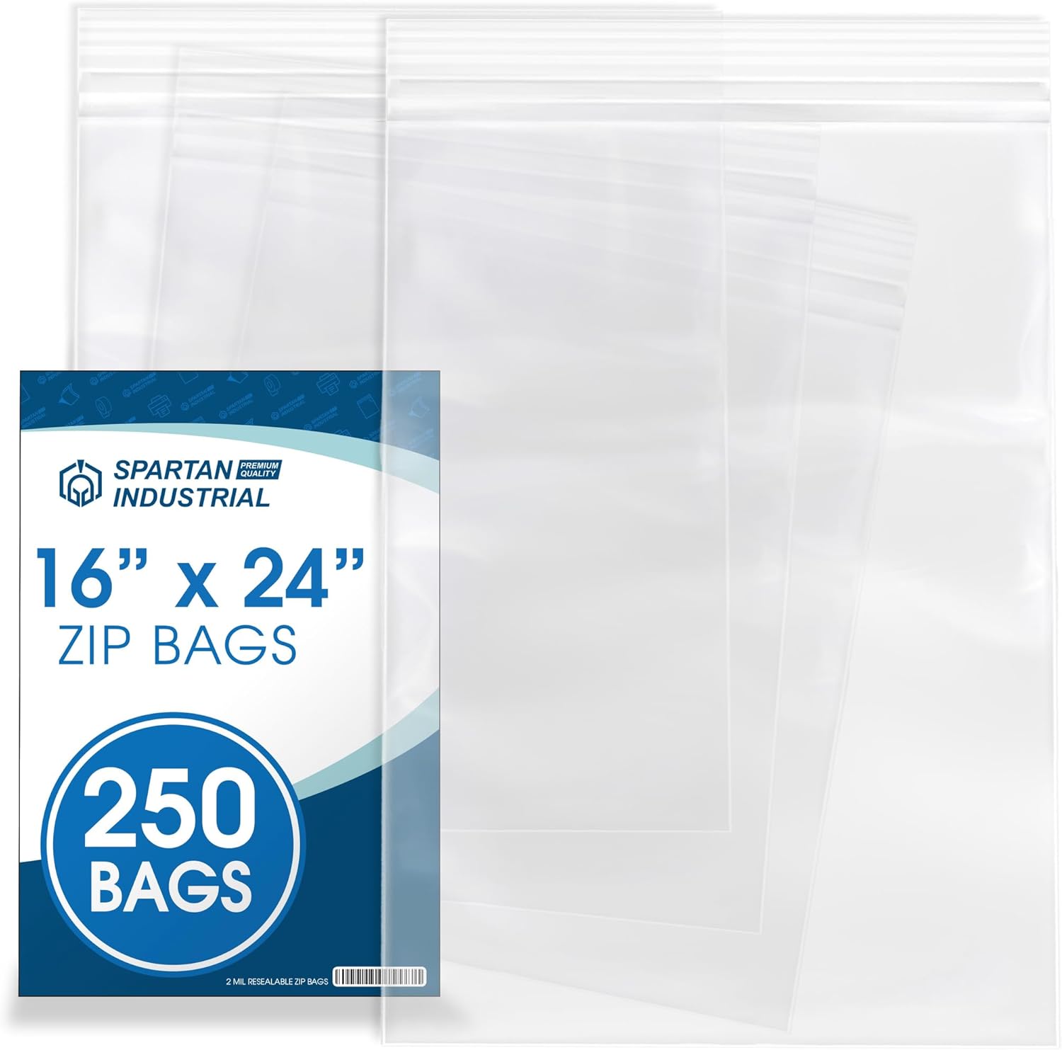 Spartan Industrial - 16” X 24” (250 Count) 2 Mil Clear Reclosable Zip Plastic Poly Bags with Resealable Lock Seal Zipper