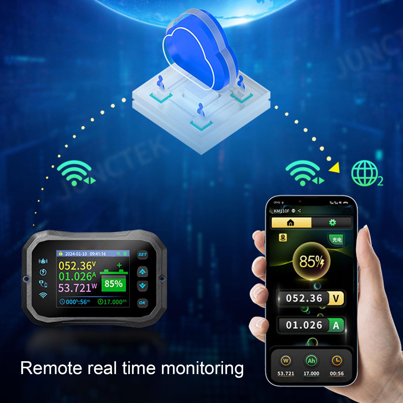Cryfokt Misuratore Batteria WiFi, Display da 2,4 Pollici Monitoraggio Remoto in Tempo Reale per Tensione Corrente Potenza con Connessioni APP WiFi BT, per Scooter Elettrico per Auto RV