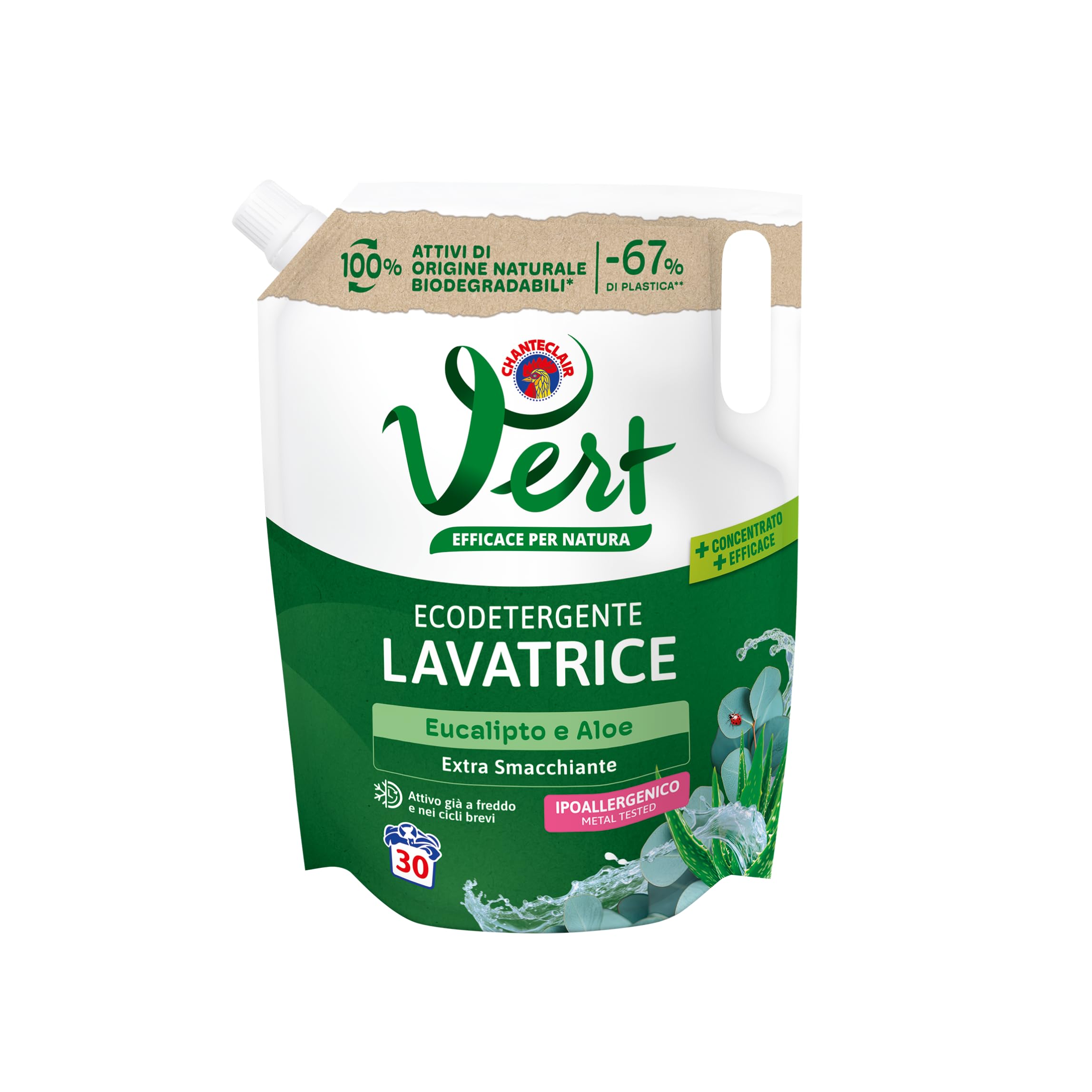 Vert - Ecodetergente Lavatrice - Fragranza Eucalipto e Aloe, 100% Origine Naturale, Funzione Extra Smacchiante, Efficace a Freddo e nei Lavaggi Brevi, Ipoallergenico - Flacone da 1200 ml, 30 Lavaggi
