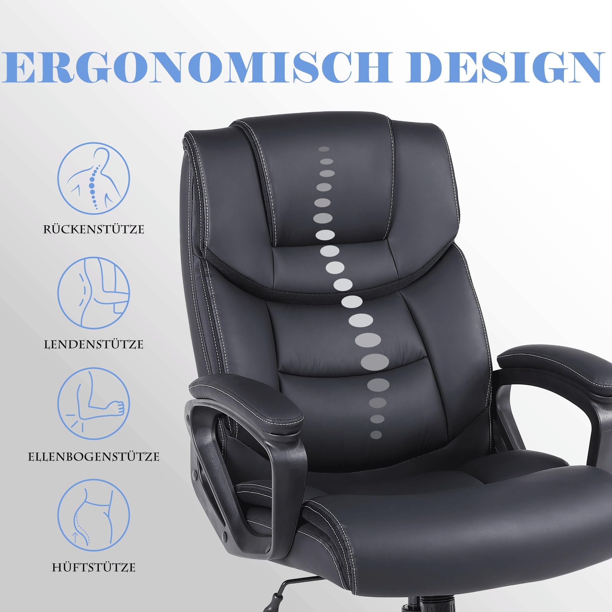 Bürostuhl Ergonomisch, Chefsessel Pu Leder, Schreibtischstuhl, Drehstuhl mit Wippfunktion, Höhenverstellbar, für Büro, Gaming, Schwarz