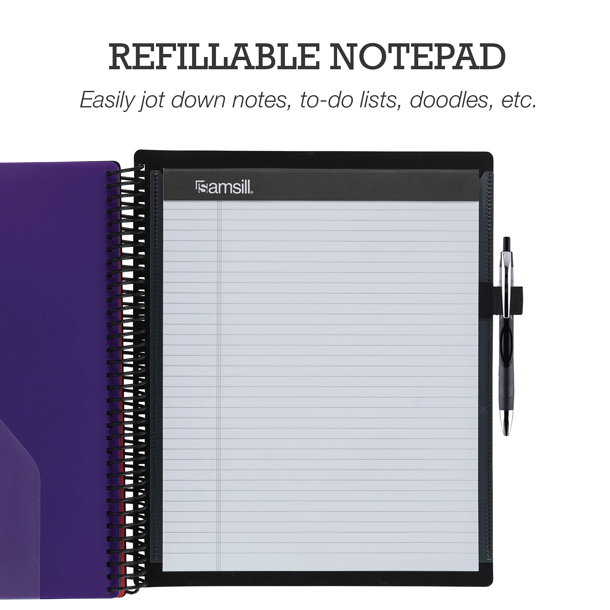 Samsill Deluxe 24 Pocket Spiral Project Organizer with 12 Dividers, Refillable Notepad, Attached Pen Loop, Customizable Front Cover, Erasable Write On Tabs,