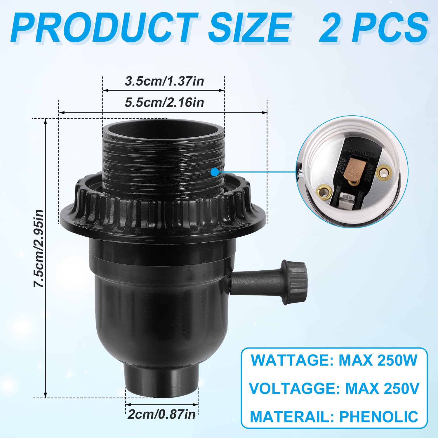 E26 Light Socket, Threaded Lamp Socket with Switch On/Off Medium Base Lamp Socket Replacement Parts with Lamp Shade Ring for Table Lamp, Floor Lamp, DIY Lamp Repair, 2 Set