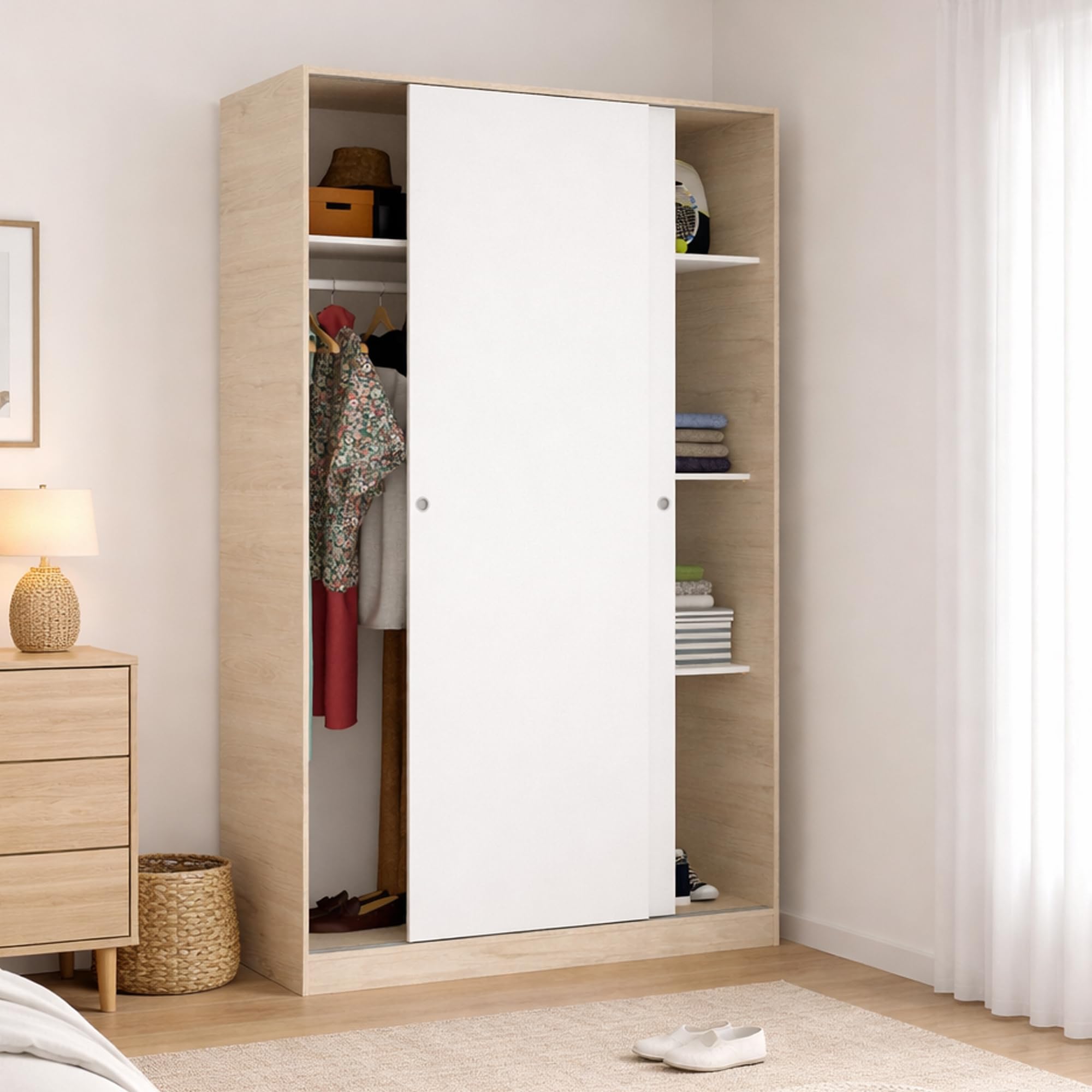 Guardaroba 2 Ante Denali, Mobile Appendiabiti per Camera da Letto, Armadio Ante scorrevoli, 120x50h204 cm, Bianco Lucido e Rovere