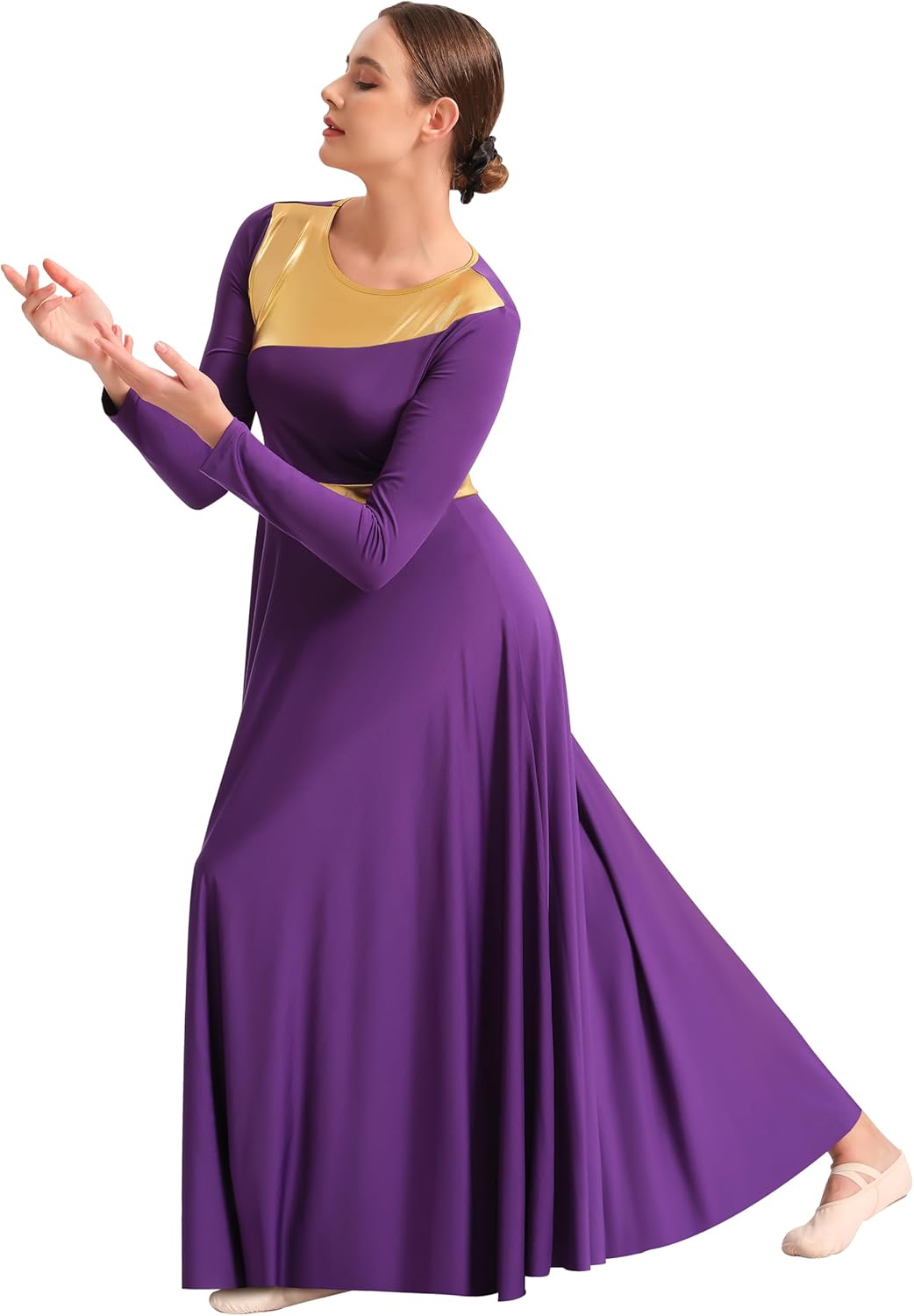 Women Praise Dance Dress Liturgical Metallic Worship Dress Long Sleeve Fit Full Length Dancewear - Image 3