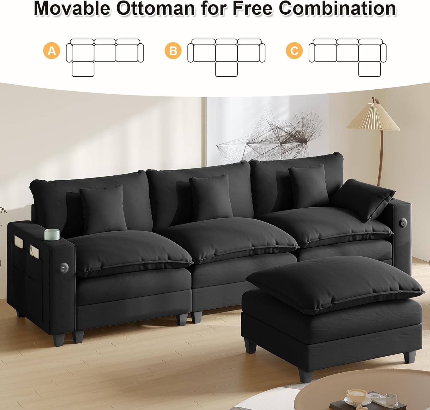 KCGKCG 116" Modular L Shaped Cloud Couch, Sectional Couches for Living Room with Ottoman, Chenille Deep Seat Sofa Cloud Sectional Couch with Charging Station, Cup Holder, Side Pocket, Black