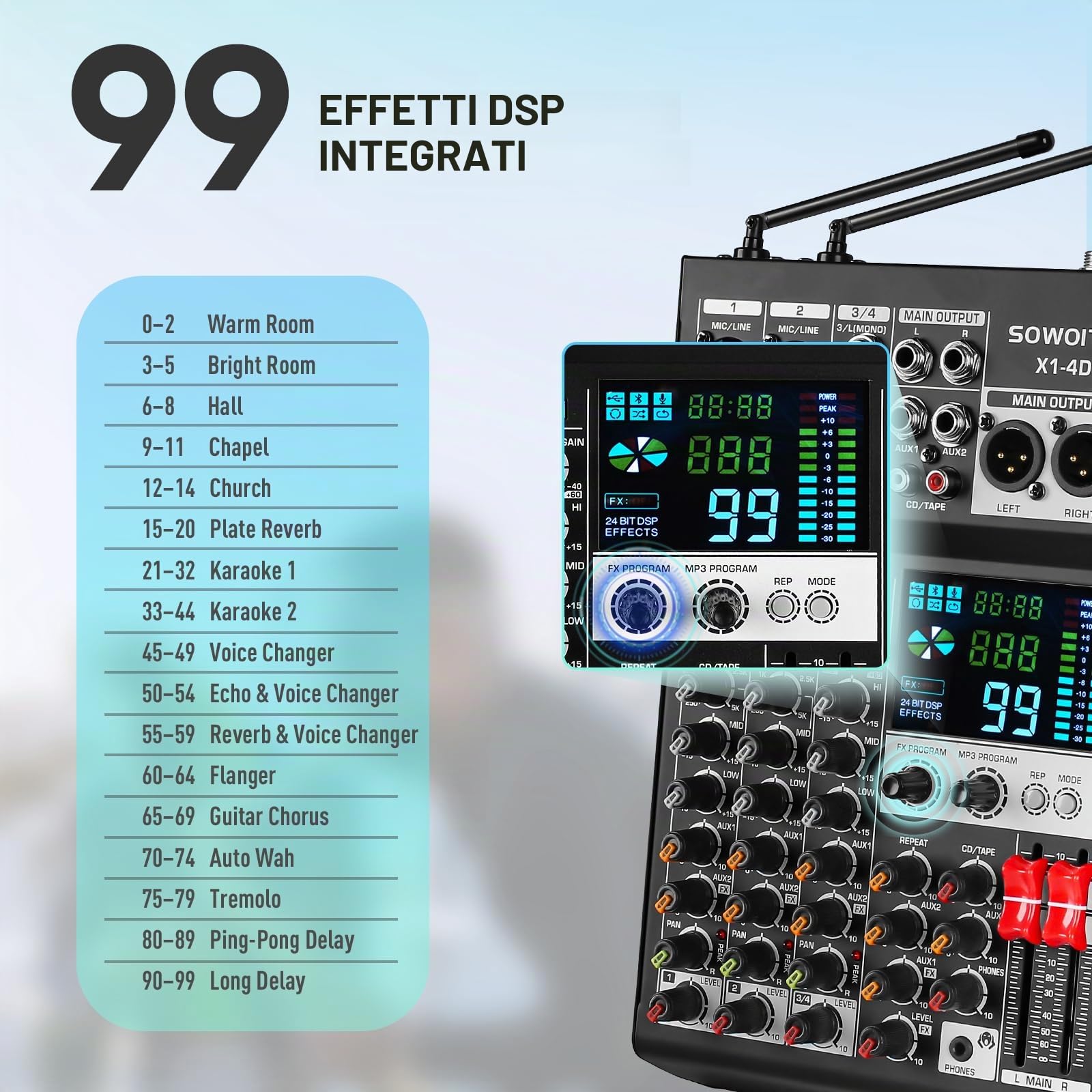 Mixer audio a 4 canali con doppi microfoni wireless, scheda di mixaggio audio professionale Console DJ con 99DSP MP3 Bluetooth 48 V Phantom Power PAD Interfaccia USB per registrazione Karaoke Home