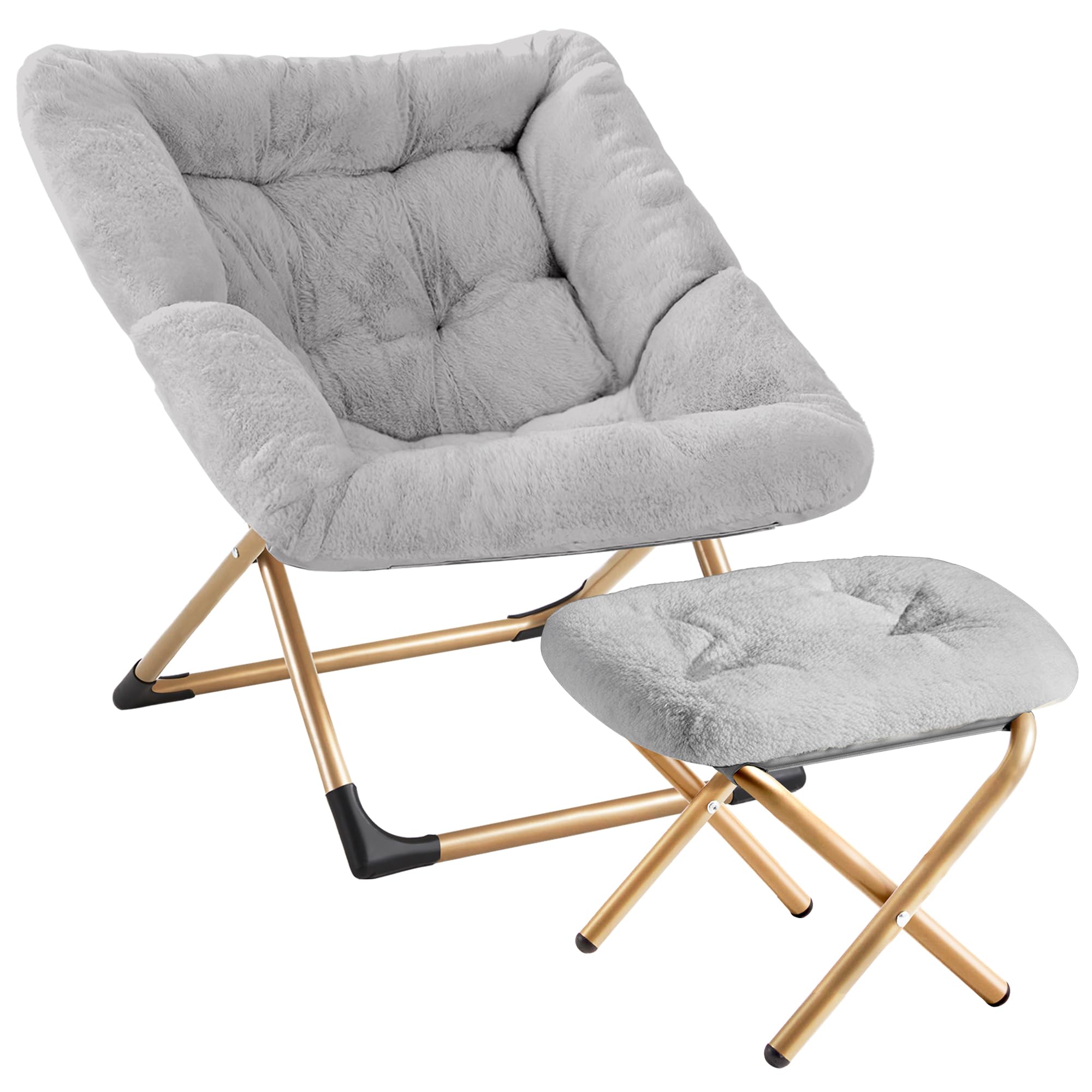 Youtanic Comfy Oversized Saucer Chair with Ottoman,Soft Faux Fur Reading Lounge Chair for Adults,Stable X-Large Metal Frame and Non-Slip Pad,Cozy