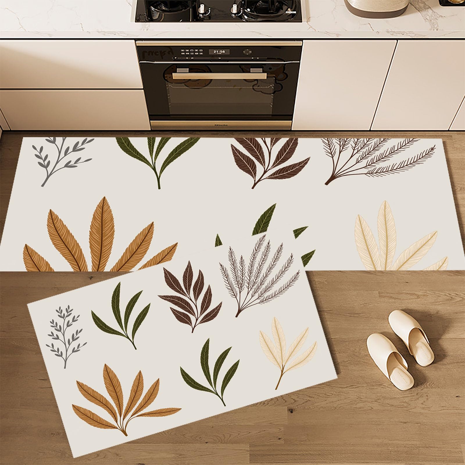 Leaf Combination Kitchen Rug Set 2 Pieces, Non-Slip and Washable Kitchen Runner Mat Simple Hand-Drawn Style Standing Mats for Hallway, Dining Room and Entryway - 44x75cm+44x150cm, Earth Color