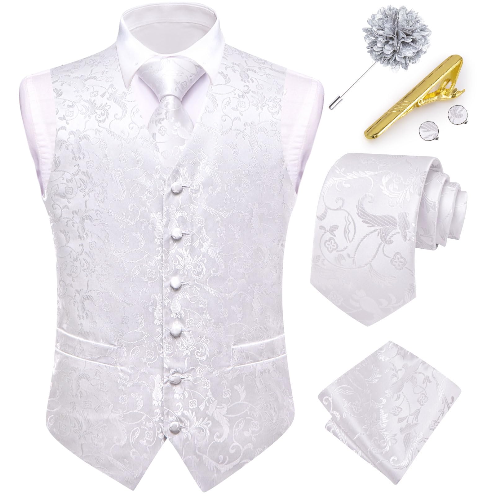 Dubulle Mens Vest and Tie Set Paisley Floral Waistcoat Neckties for Men Lapel Pin Clip Set Wedding Business