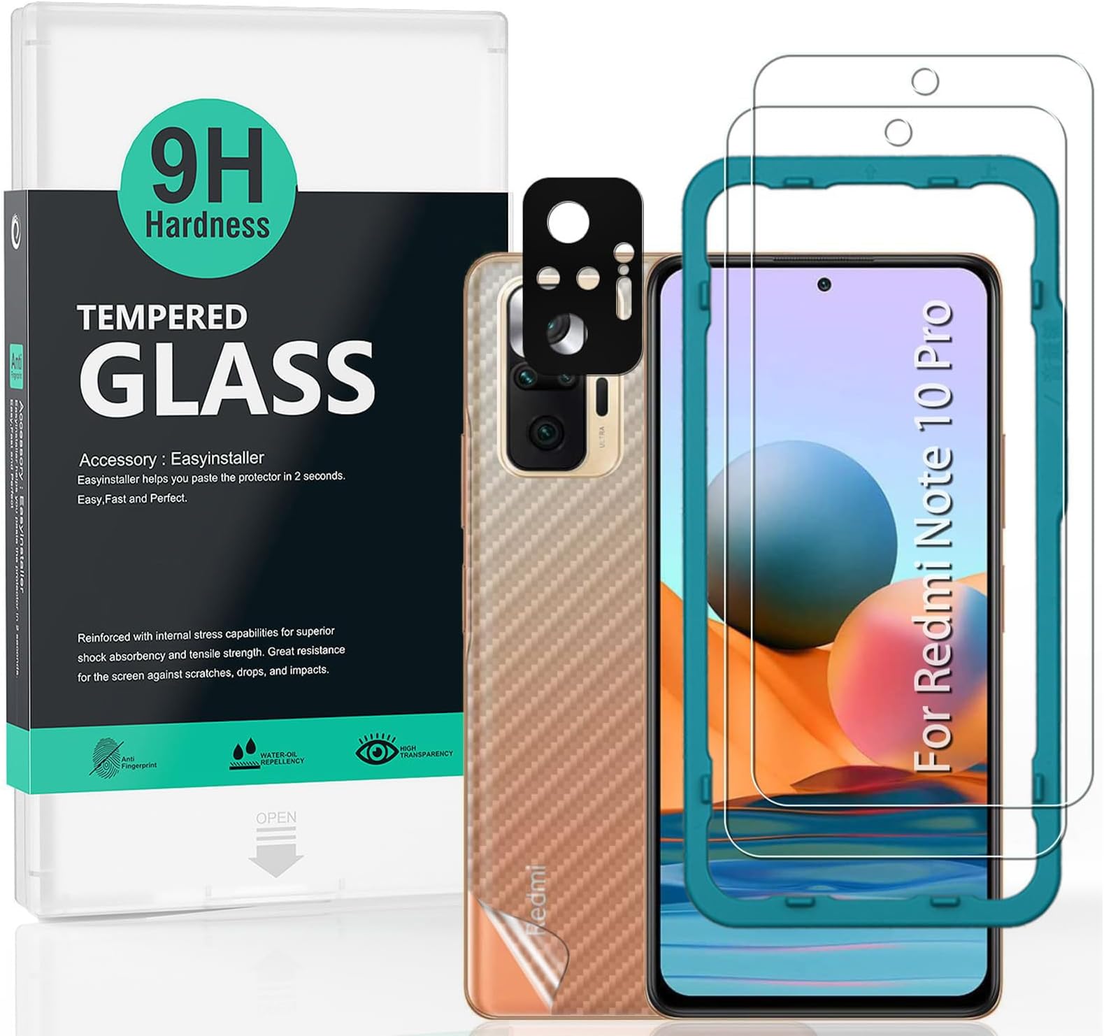 IBYWIND [Pack of 2] Screen Protector for Redmi NOTE 10 PRO 4G 6.67",with Metal Camera Lens Protector,Back Carbon Fiber Skin Protector,Including Easy Install Kit