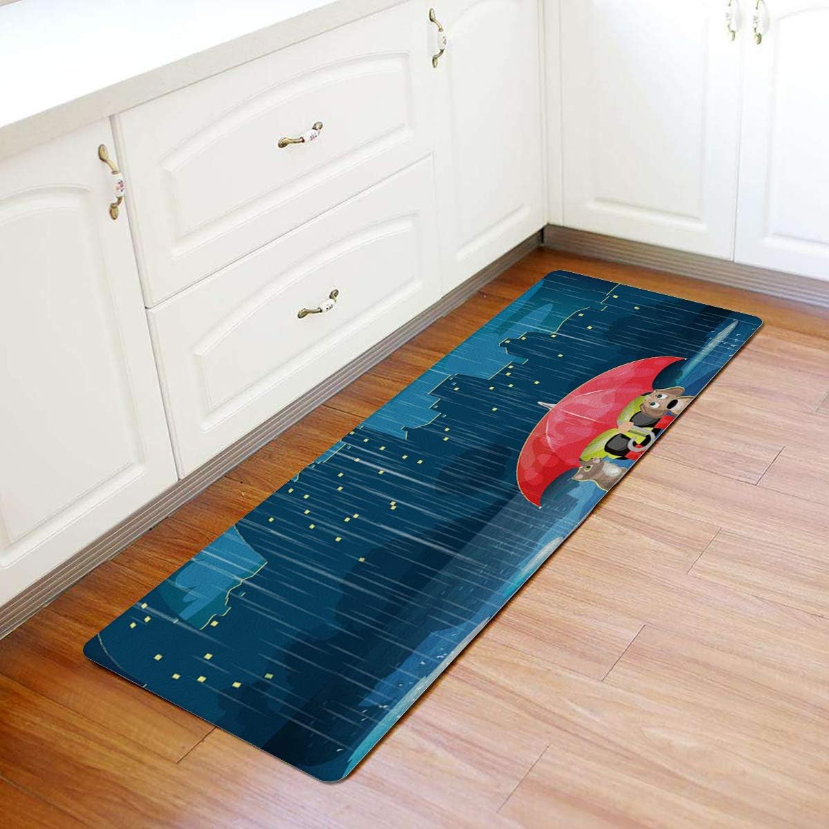 キッチンマット 台所マット PVCマット はっ水加工 サッと拭ける 北欧 おしゃれ 傘 夜 町 景色 月 45x120 cm ロング