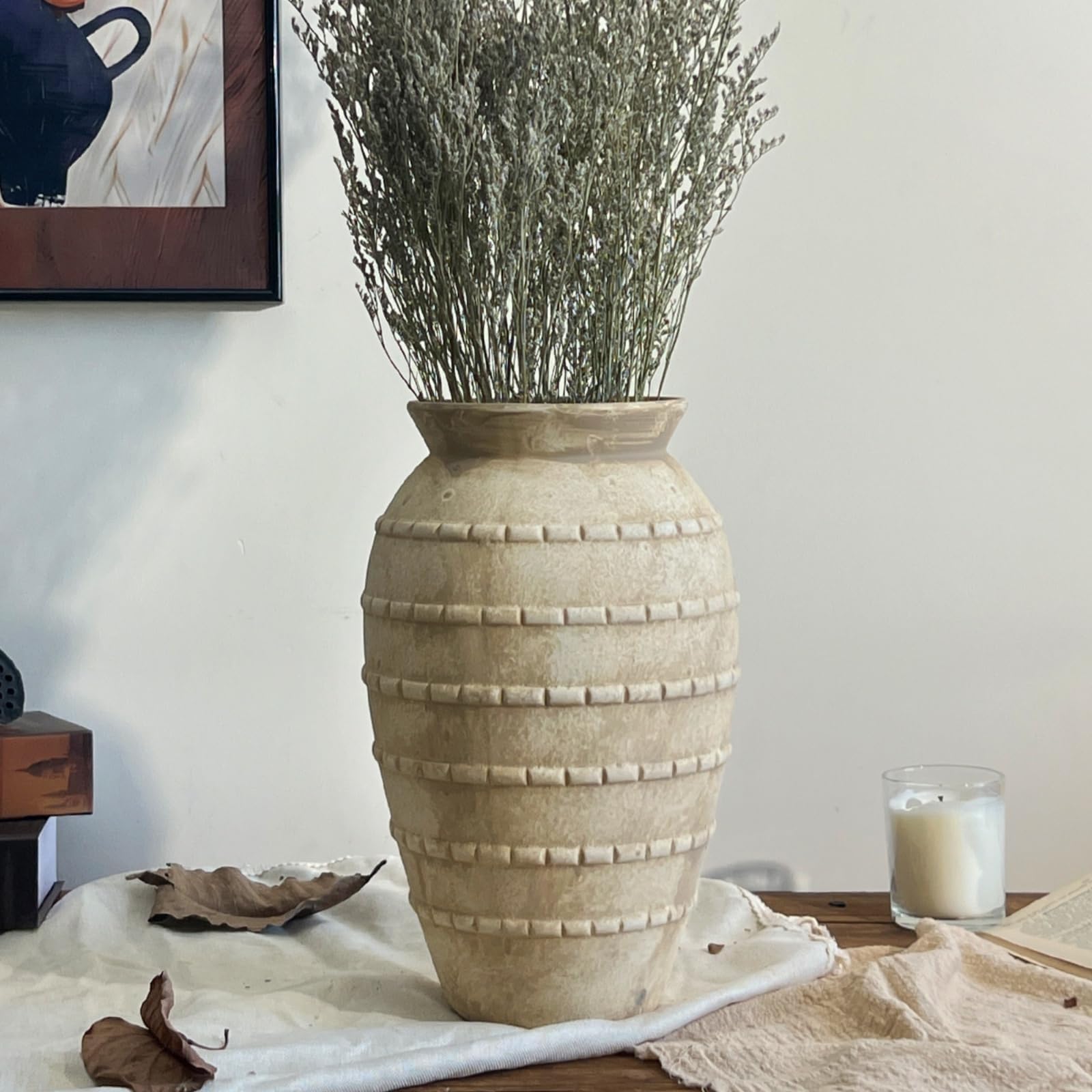 – Vintage Ceramic Rustic Vase, 12 Inches / 30.5 CM Tall Pottery Vase for Home Decor, Living Room, Dining Table, Wedding Housewarming Gift