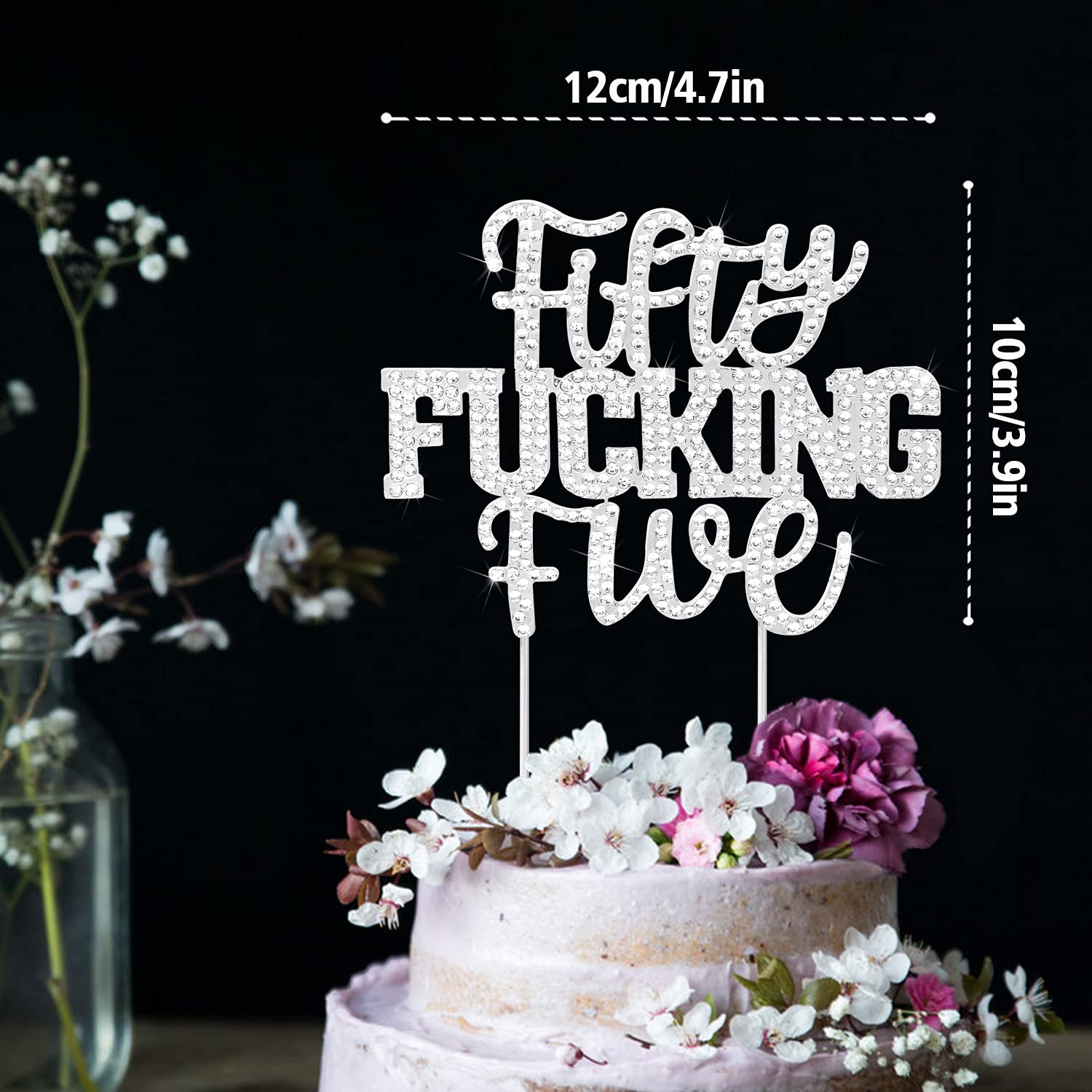 55th Birthday Cake Topper – Funny 'Fifty F*cking Five' Rhinestone Decor (Silver, 12x11cm) - View #4