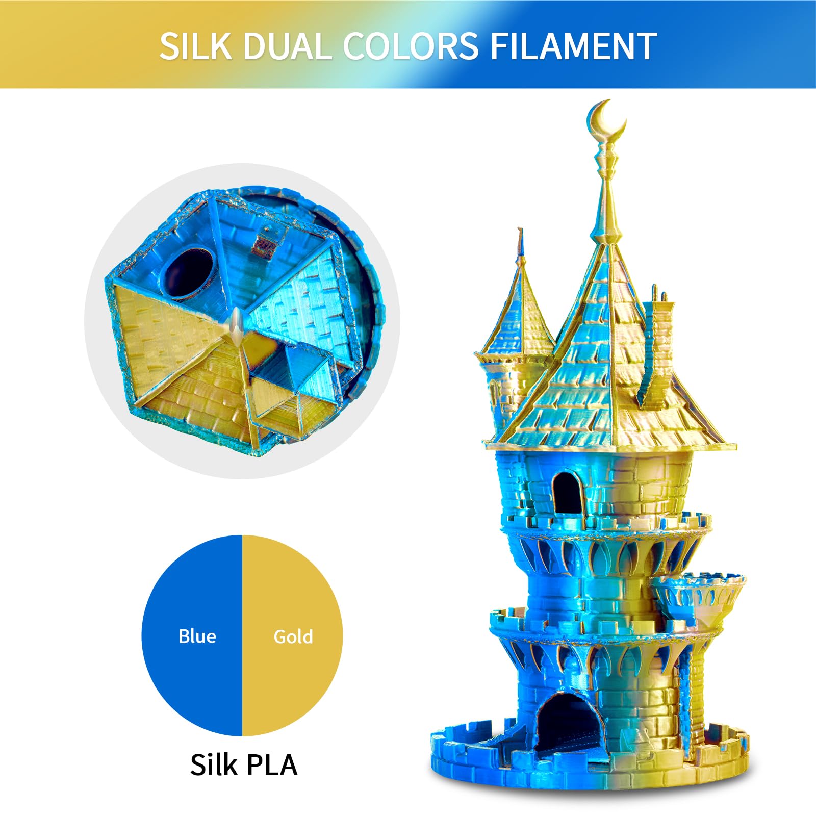 ERYONE Filamento PLA bicolore doppio 1,75 mm, filamento stampante 3D bobina da 1 kg +/- 0,03 mm, oro e blu