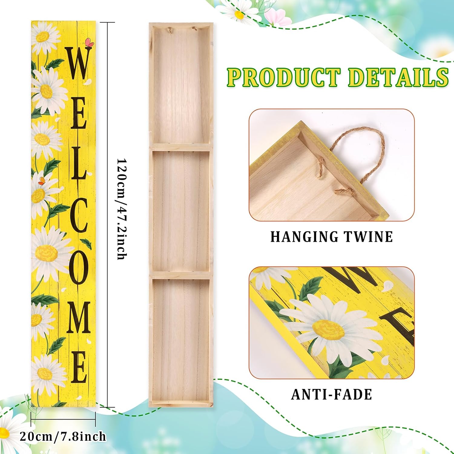 Spring Summer Welcome for Front Porch Standing, Daisy Wooden Porch Sign for Front Door Decorations, Rustic Farmhouse Hanging Wall Sign for Spring Home Decor, 47.2"H