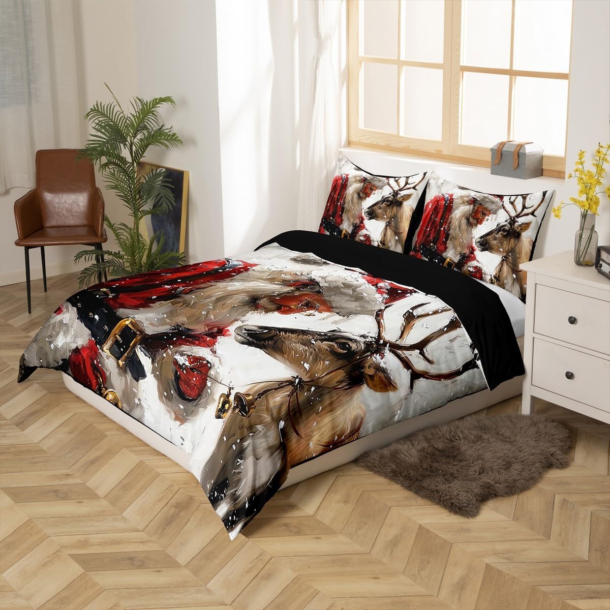 Christmas Elk Duvet Cover Toddler Size for Boys Girs Kids Christmas Themed Bedding Set Santa Claus Merry Christmas Comforter Cover Happy New Year Bedspread Cover Christmas Decorations Bedding