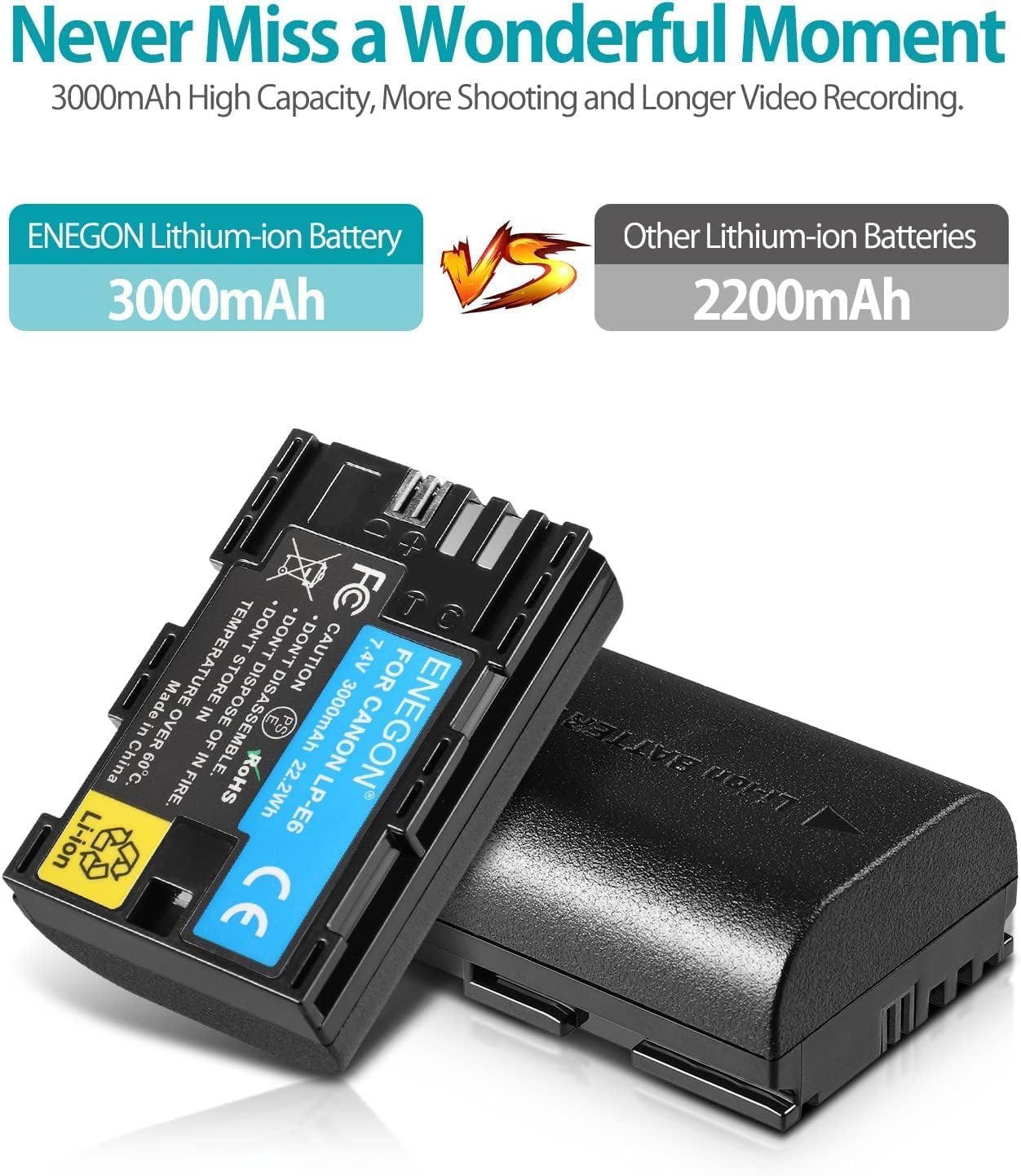 ENEGON 2X LP-E6 LP-E6N Batterie 3000mAh Li-ION Compatible avec Les appareils Photo numériques EOS 5D Mark II, DS Mark III, 5D Mark IV, 5DS, 5DS R, 6D, 7D, 7D Mark II, 7D Mark III, 80D, 70D, 60D