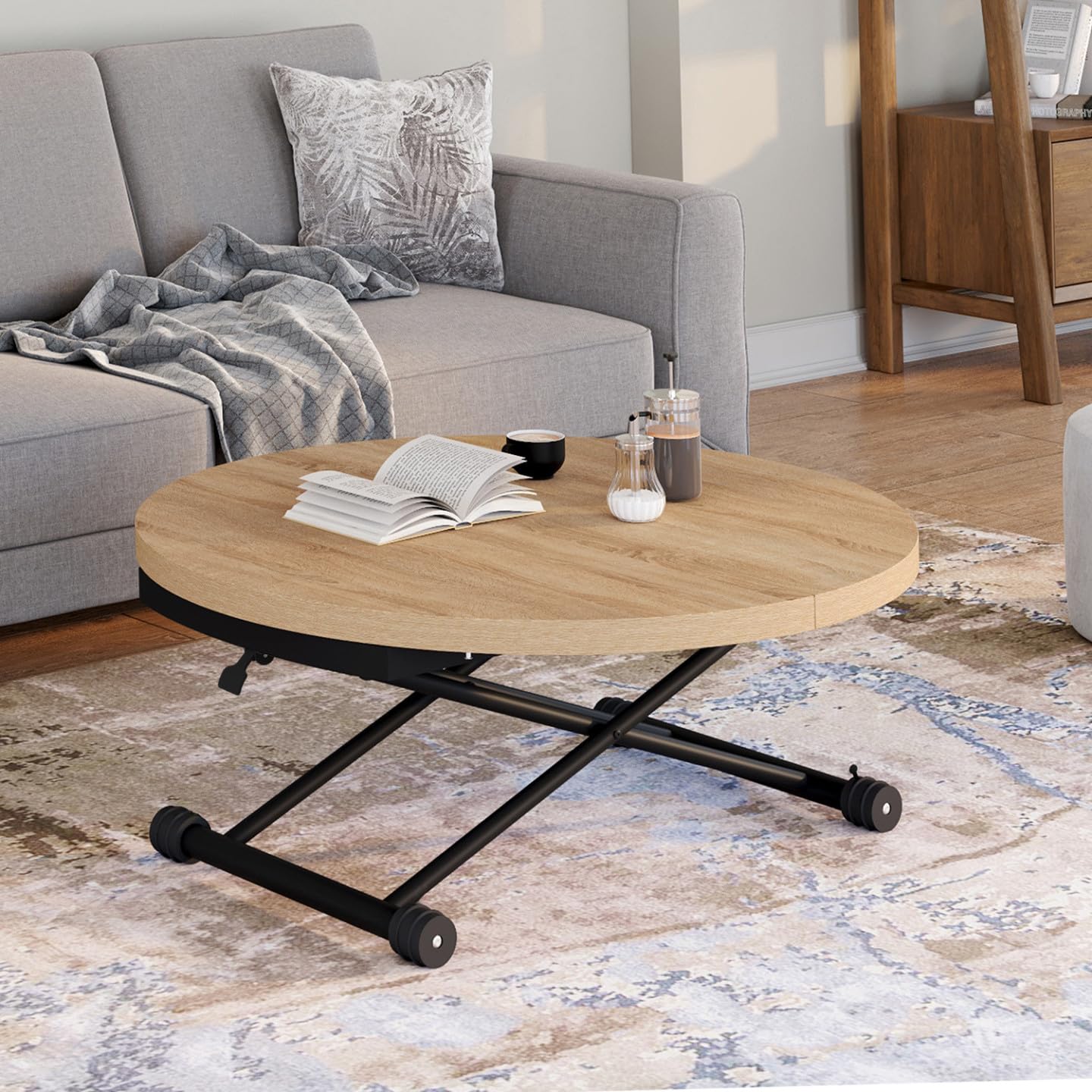 IDMarket - Mesa de centro extensible abatible convertible en mesa de comedor redonda ALTURA 100-150 cm de madera y diseño industrial negro