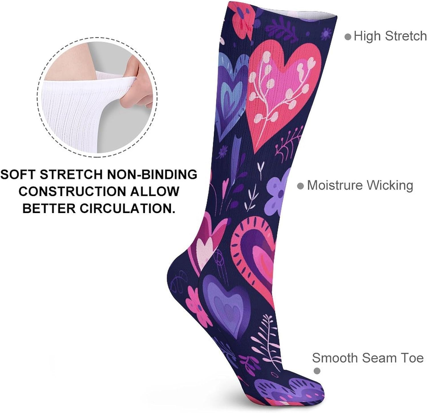 Light Purple And Red Crew Socks High Stocking Thermal Socks | Tube Socks-Breathable-Moisture-Soft-wicking for Hospital Pilates Yoga for women men Grippy for office and daily walking