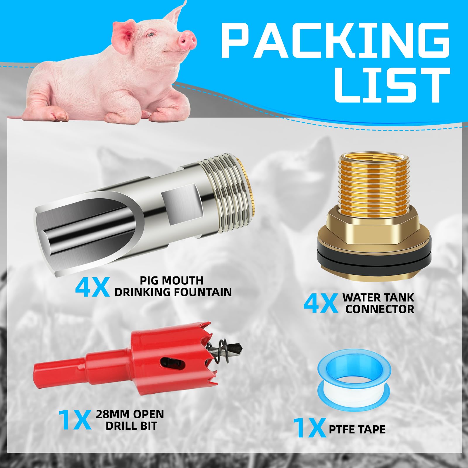 4PCS Pig Waterer Nipple, Automatic Pig Nipple Water Drinker for Barrel Kit, Stainless Steel Hog Water Drinker Feeder with Brass Water Tank Connectors Kit for Pig Goats Swine Piglets Drinking