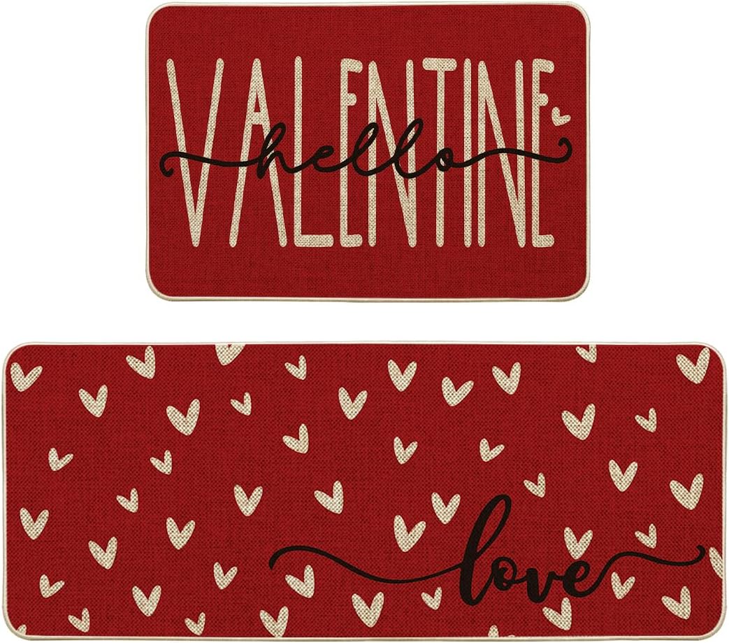 Artoid Mode Red Black Love Heart Hello Valentine's Kitchen Mats Set of 2, Home Decor Low-Profile Kitchen Rugs for Floor - 17x29 and 17x47 Inch