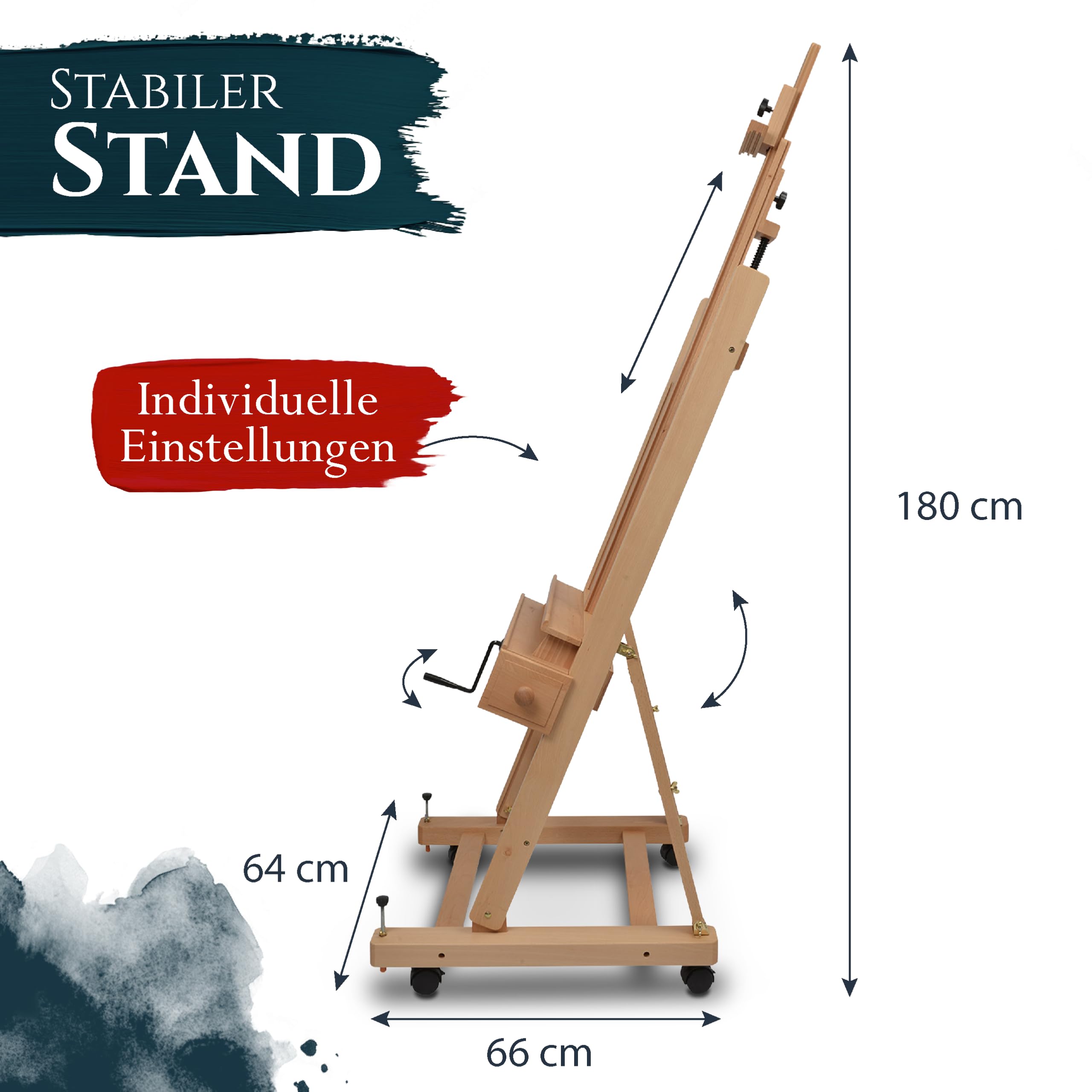 Artina Staffelei Holz Profi Atelierstaffelei für Keilrahmen bis 210cm | rollbare Studiostaffelei aus massivem Buchenholz Mobile stufenlos verstellbar Rollen Künstlerstaffelei Pisa