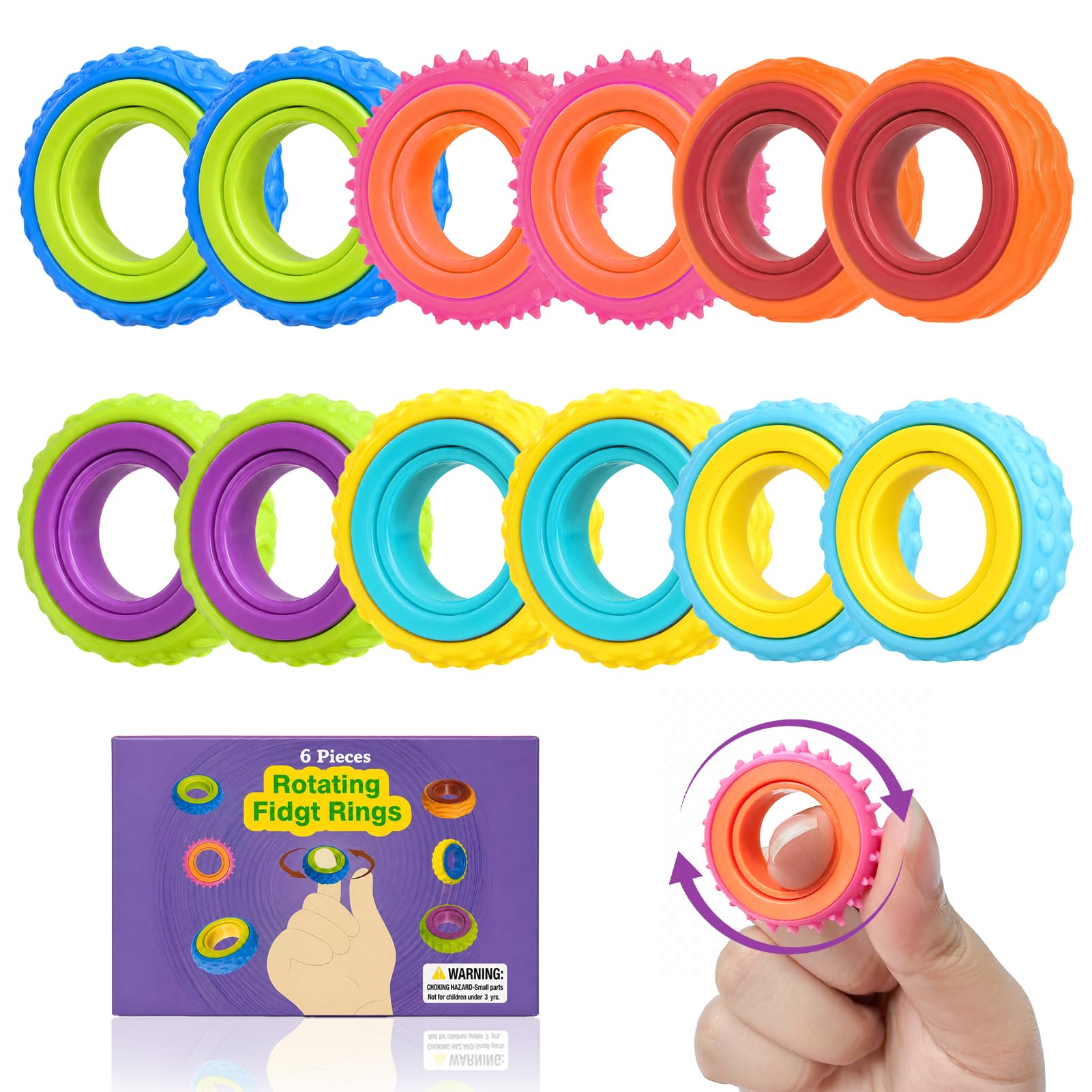12 Pack Fidget Sensory Rings, Silent Textured Spinner Finger Rings for Adults & Kids, Anxiety Relief Fidget Toys for Focus, Autism & ADHD Support, Ideal for Classroom, Office & Travel
