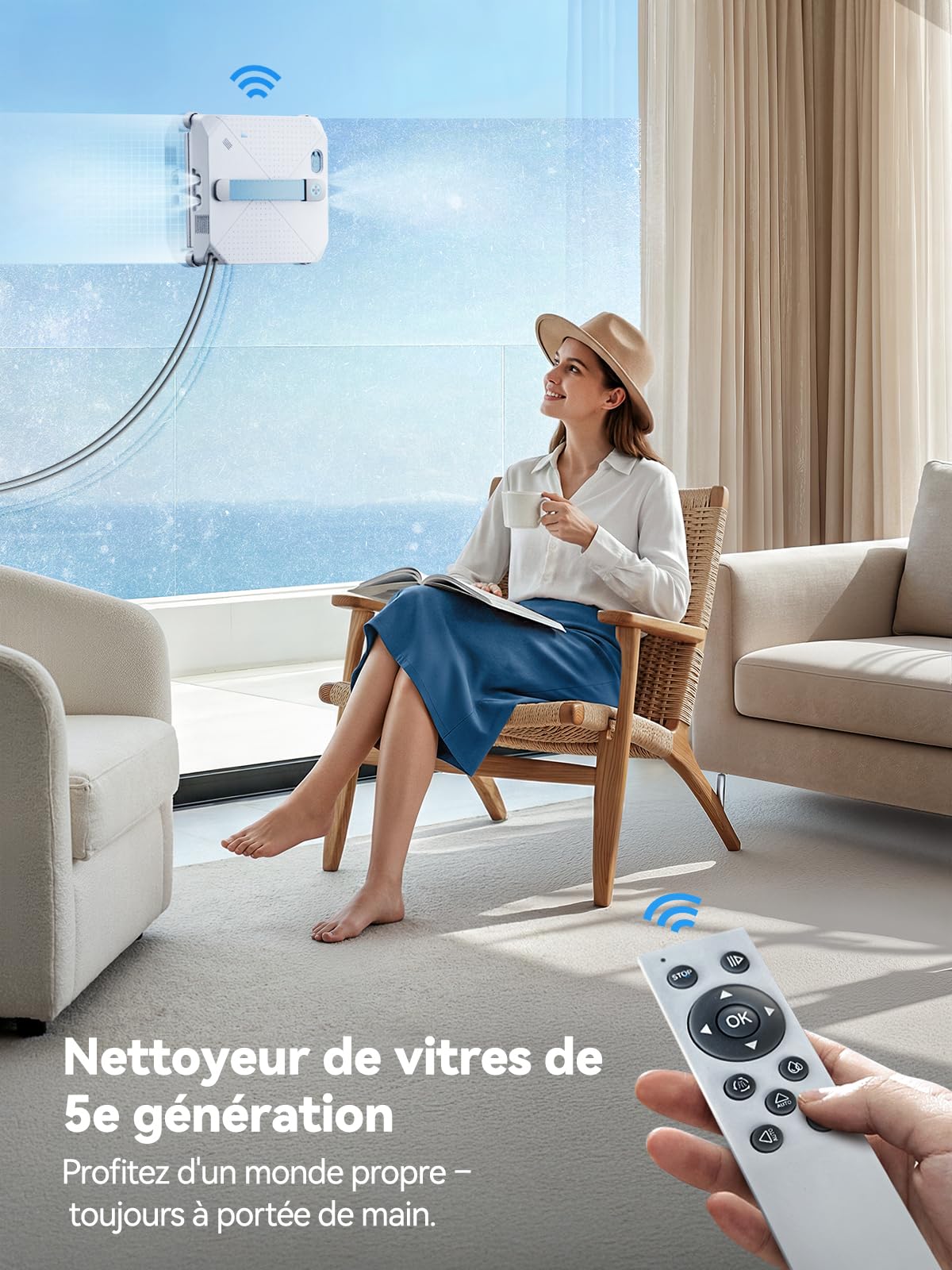 Keero Robot Laveur de Vitre Automatique, 9000Pa Lave Vitre Électrique avec Système 4 Buses, Détection Intelligente des Bords, 4 Modes de Nettoyage, Moteur Turbine, Robot Nettoyeur Vitre