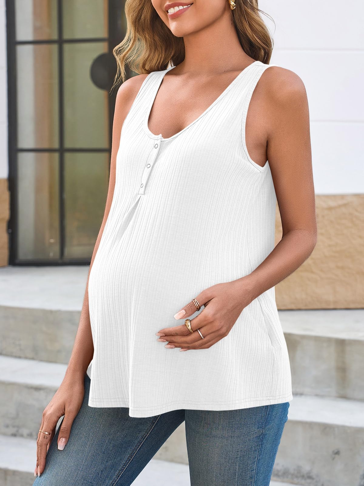 Tankaneo Canotte da donna premaman Henley estive scollo rotondo a costine maglia senza maniche camicie casual vestibilità ampia vestiti per gravidanza