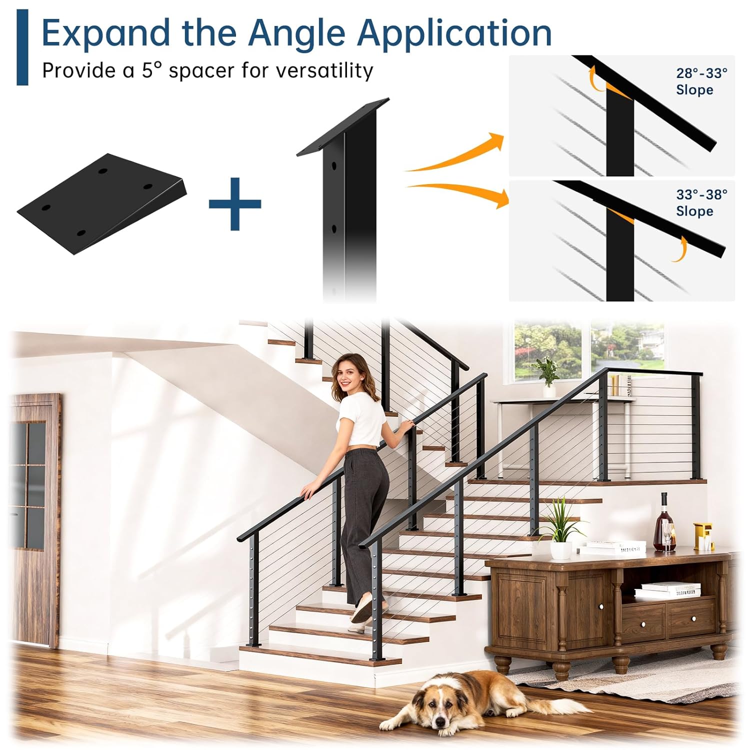 36" Black Cable Railing Stair Post with Slant Fixed Top, Stainless Steel T304 Staircase Wire Rail Post, 33° Drilled Stair Deck Post with 5-Degree Rubber Spacers Fit for 28-38 Degrees Stairway