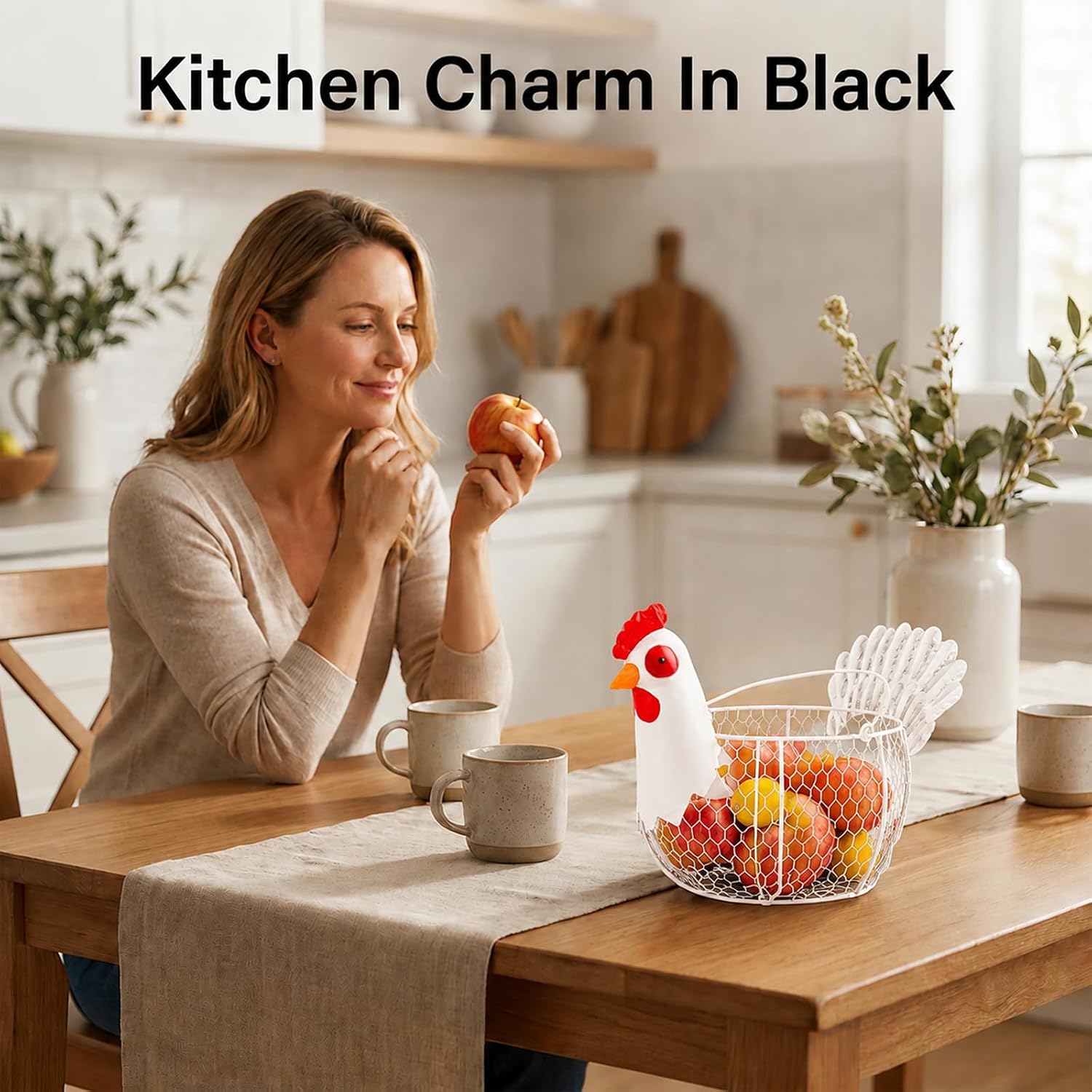 Chicken Egg Basket, Rooster-Shaped Metal Wire Egg Collecting Basket with Handle, Rustic Farmhouse Countertop Holder for Eggs, Fruit & Kitchen Decor Gift for Eggs Lovers (White)